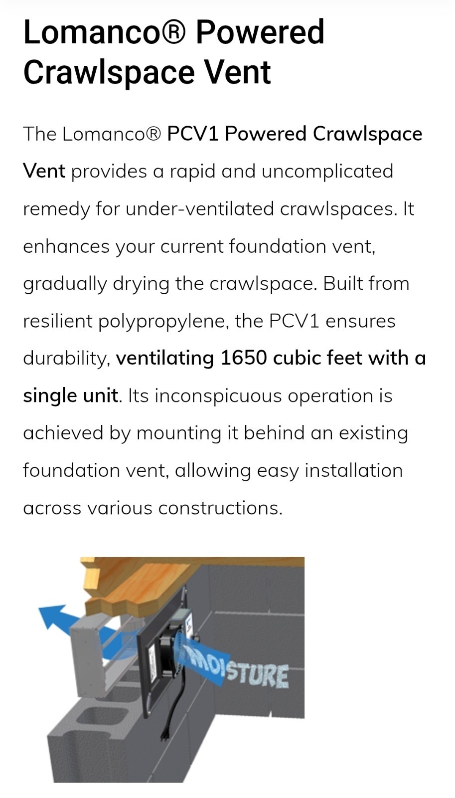 Lomanco PCV1 Powered Crawlspace Vent 19x9x3 Ventilating 1650 Cubic Feet NIB USA