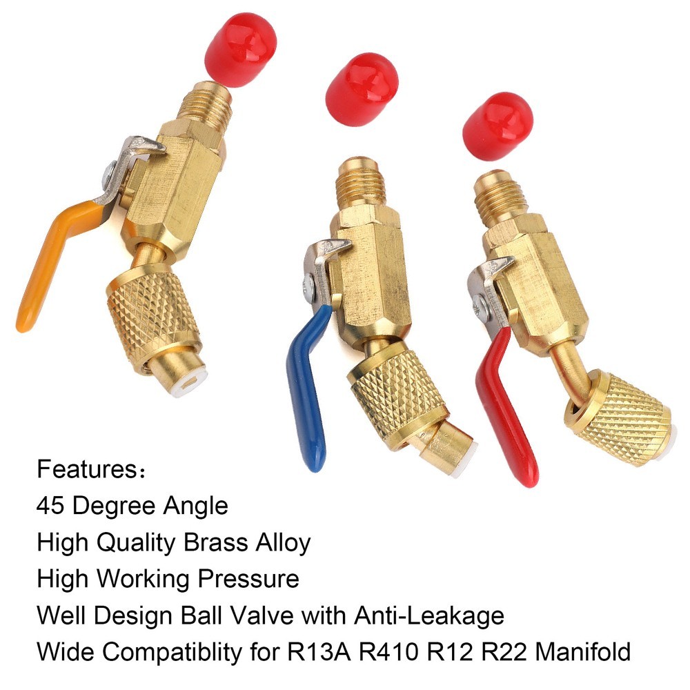 3PCS 1/4″ SAE AC Refrigerant Charging Hoses Angled Small Ball Valve Tools