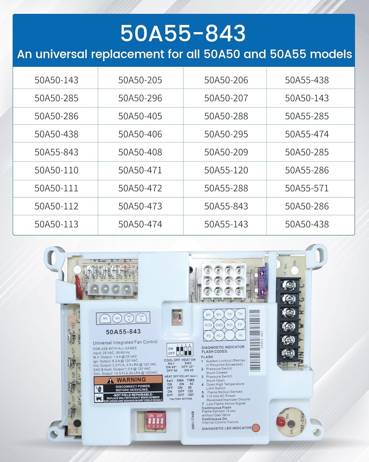 50A55-843 Furnace Control Board for White Rodgers and Lennox Furnace Systems