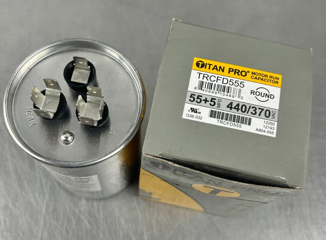 Titan Pro TRCFD555 Capacitor 55/5 µF ±5%, 440/370V AC Round Motor Run HVAC NEW