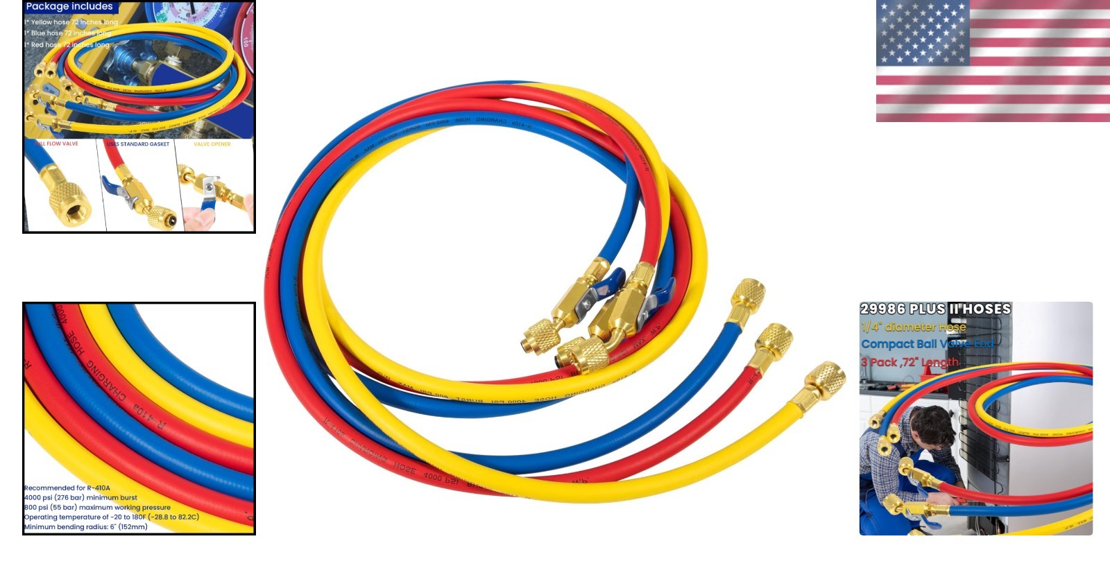 Yellow Jacket 29986 Plus II 1/4″ Hose with Compact Ball Valve, 72″ (Pack of 3)!
