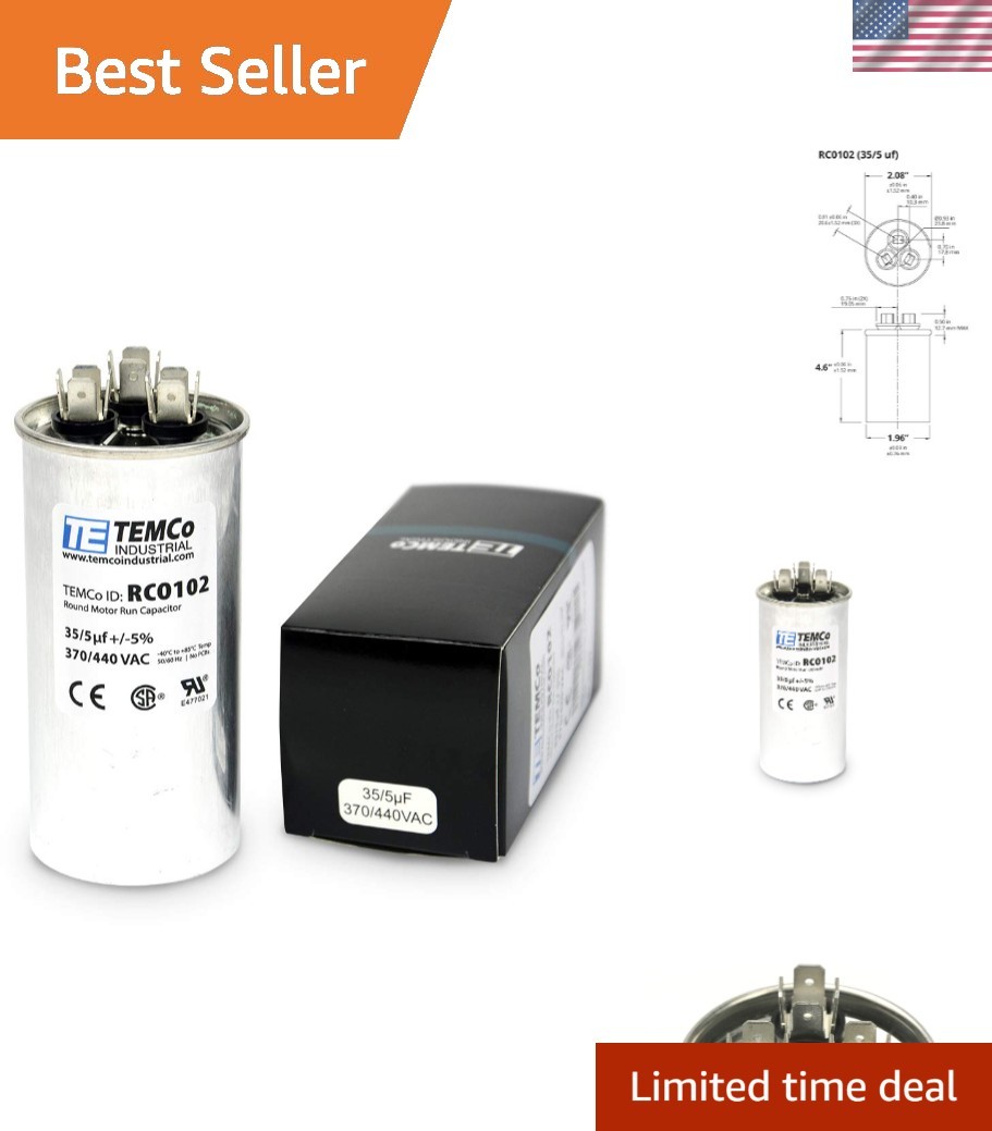 Durable TEMCo 35+5 uF Round Capacitor, 440 V, PCB-Free for Air Conditioners