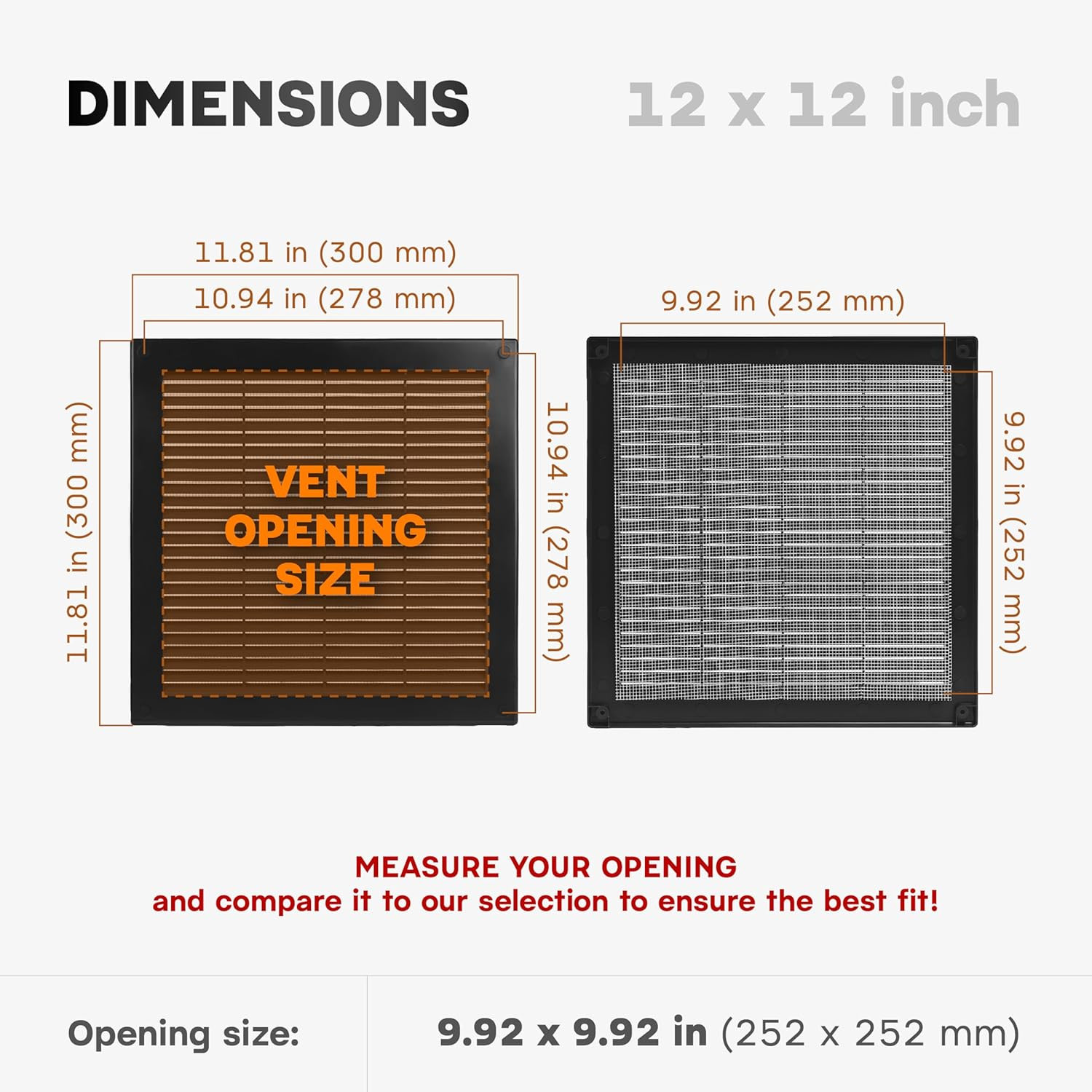 / 10” X 10” Inch Opening Measurement / Black Square Vent External Grille with
