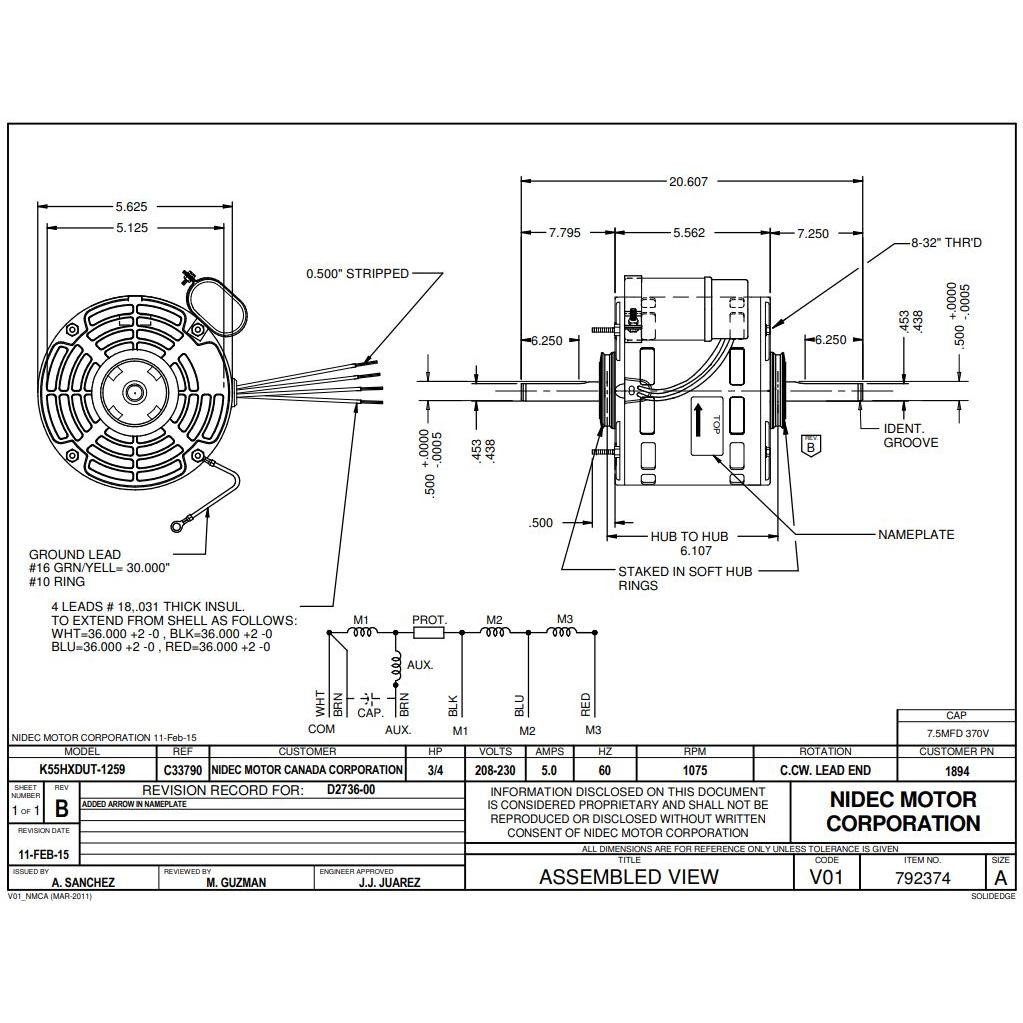 US Motor 3/4 hp 1075 rpm, 6 Poles 2 Shaft OAO 3 Speed 5.6 diameter, CCW 208-230