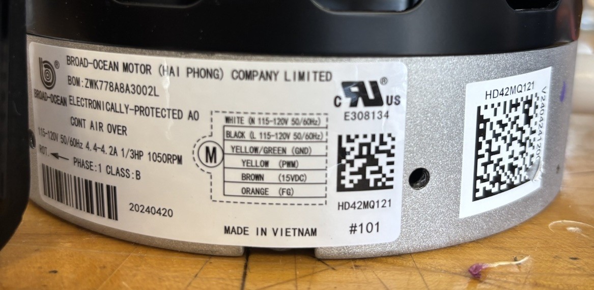 Carrier Bryant Payne Furnace Blower Motor HD42MQ121 120v 1/3 HP