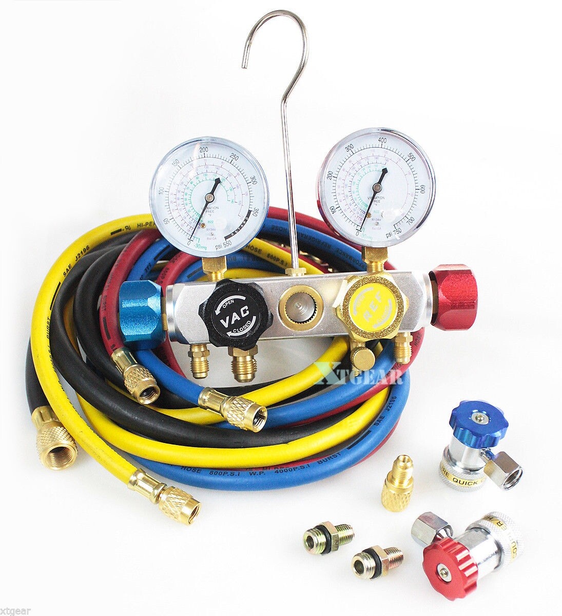 4-Way 4-Valve Manifold Gauge+ 4Hose Set R410 R22 R134a Professional AC/HVAC Tool