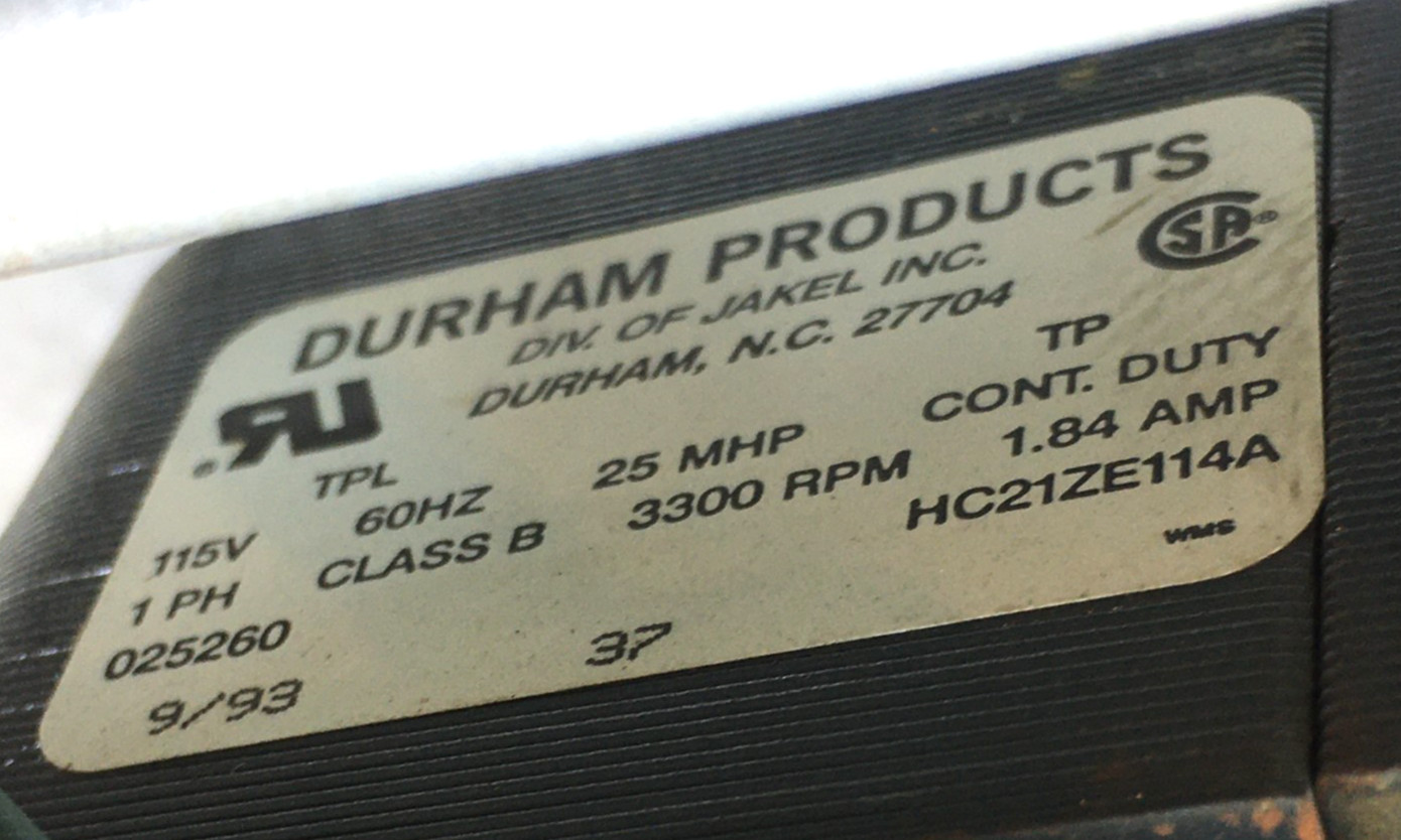 Durham HC21ZE114A Draft Inducer Blower Motor 025260 115V 3300 RPM used #MK118A