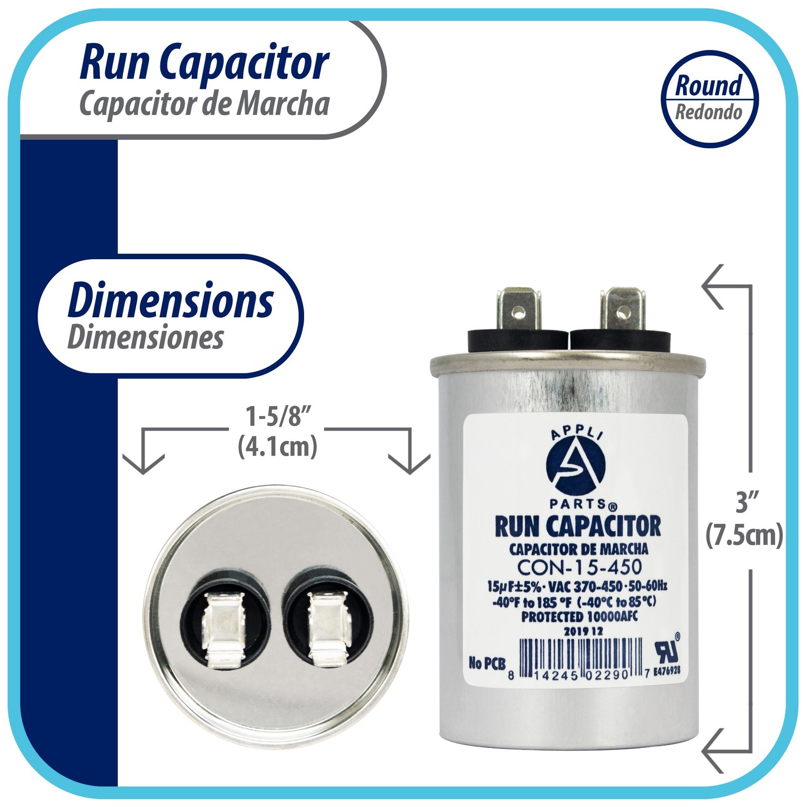 Appli Parts Run Capacitor for ac 15 Mfd uF (microfarads) 370 VAC or 450 VAC CBB6