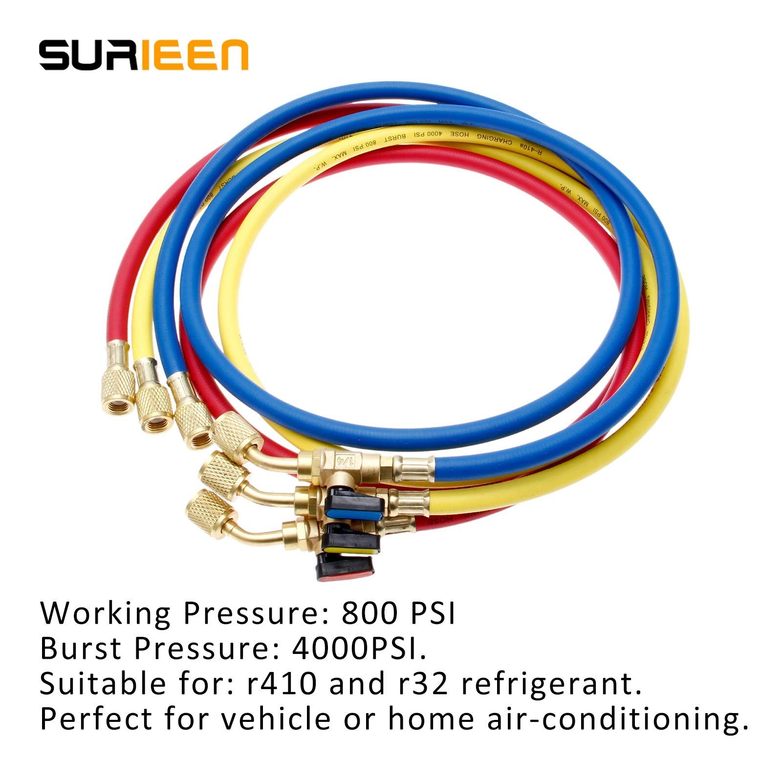 R134A A/C Charging Hose with Ball Valve, (4000~800) PSI Working Pressure 1/4″…
