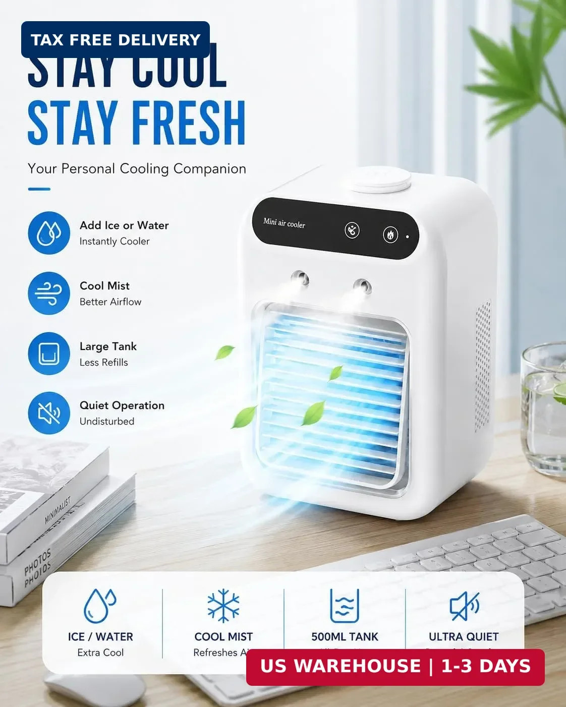 Portable Air Conditioner, Rechargeable Mini Air Cooler with Dual Mist Spray, 2 S