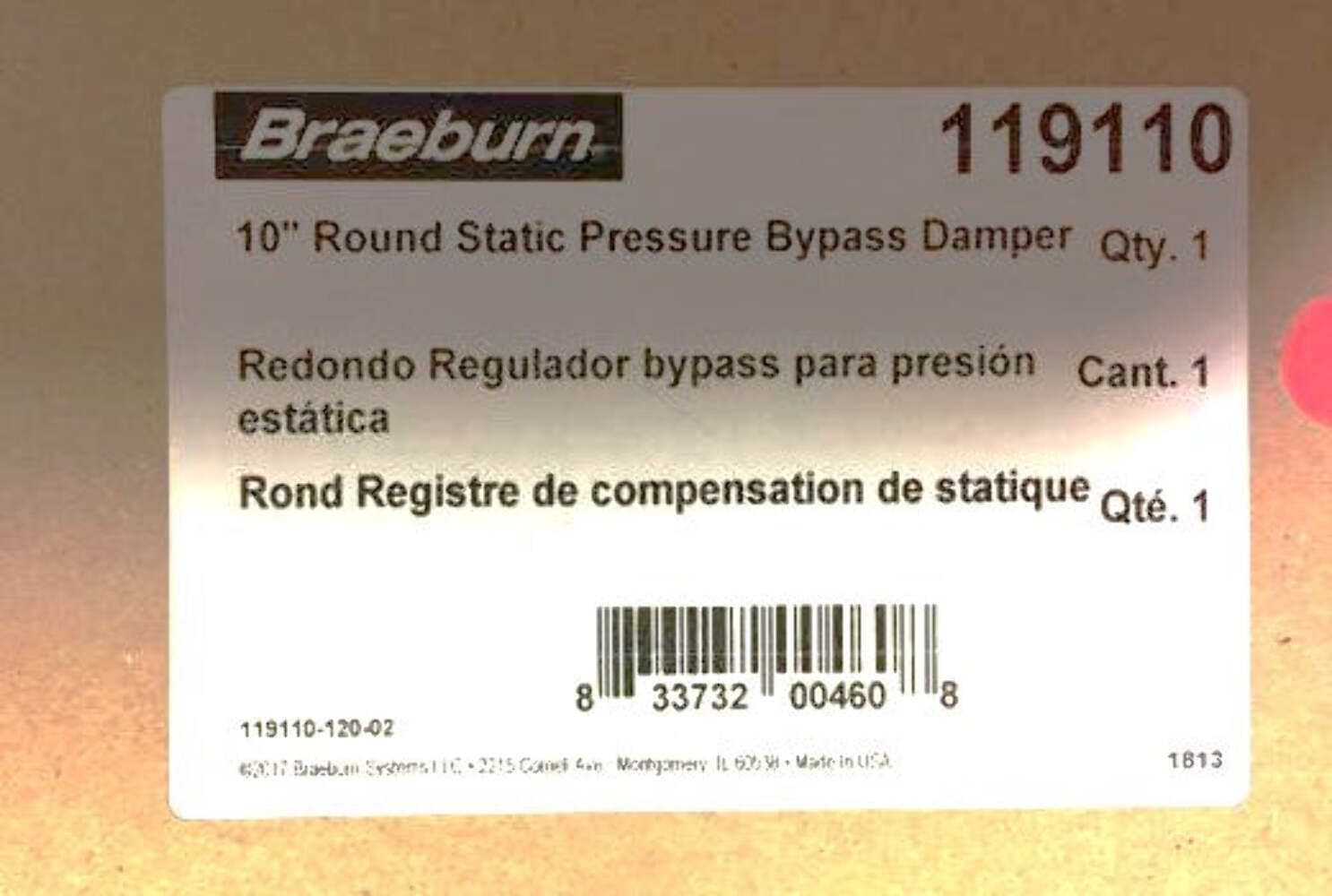 BRAEBURN 119110 10″ ROUND STATIC PRESSURE BYPASS DAMPER