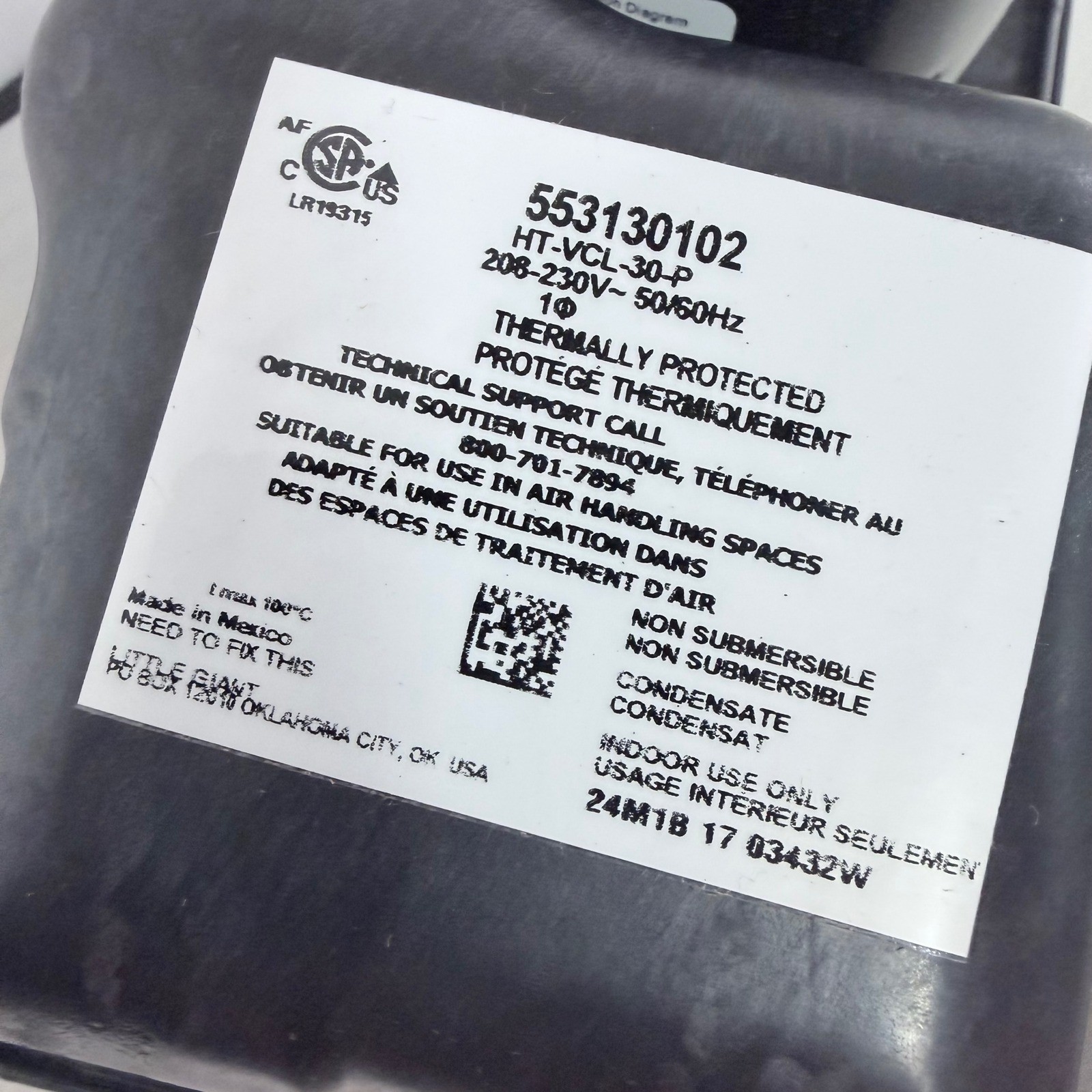 Little Giant HT-VCL-30-P Condensate Pump 208-230V 553130102 High Temp Plenum