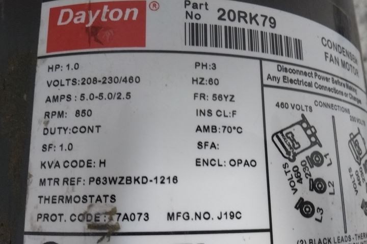 Dayton 20RK79 1 HP 850 RPM 208-230/460VAC 3-Phase Condenser Fan Motor