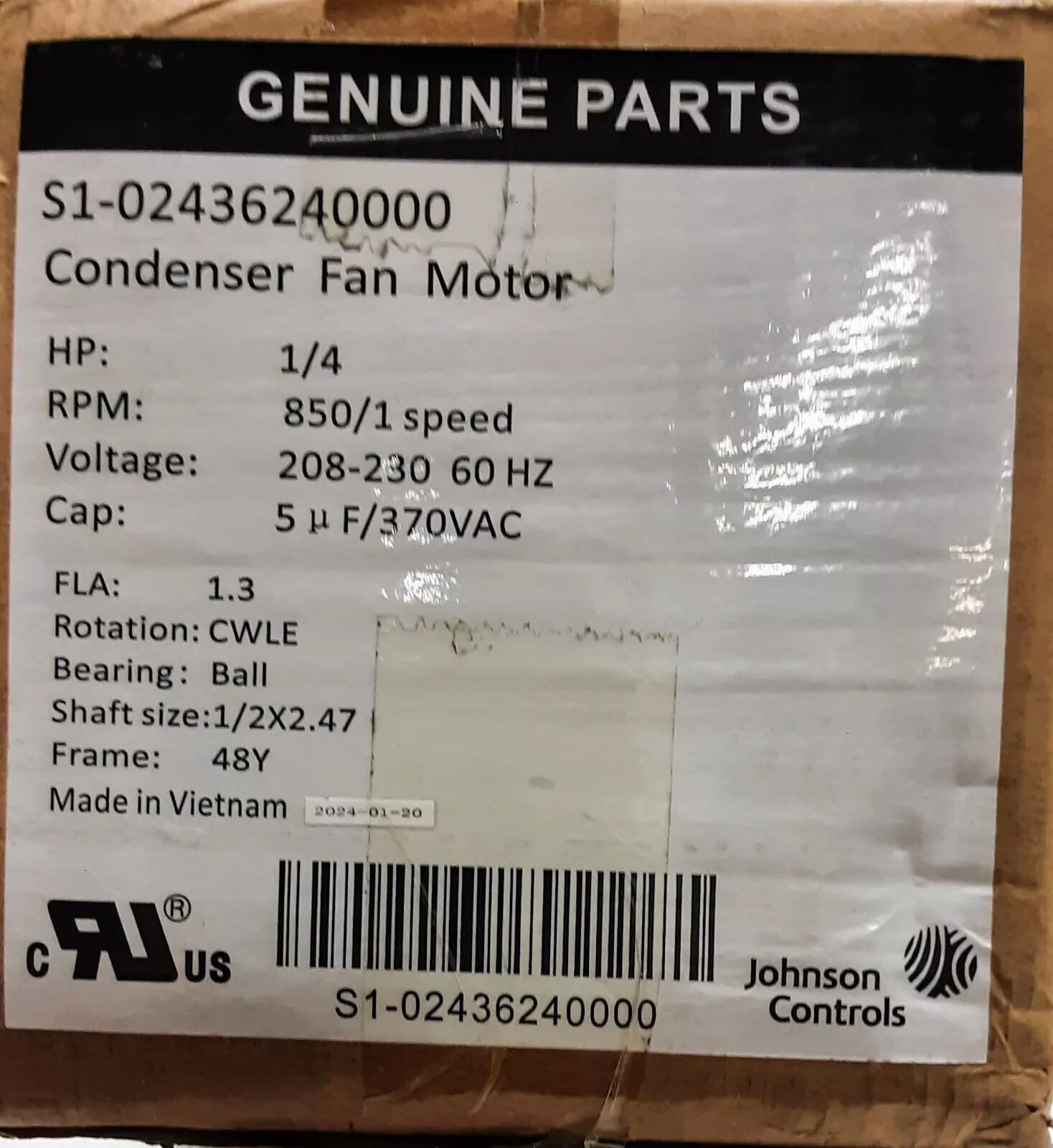 S1-02436240000 1/4 HP Condenser Fan Motor-JOHNSON CONTROLS