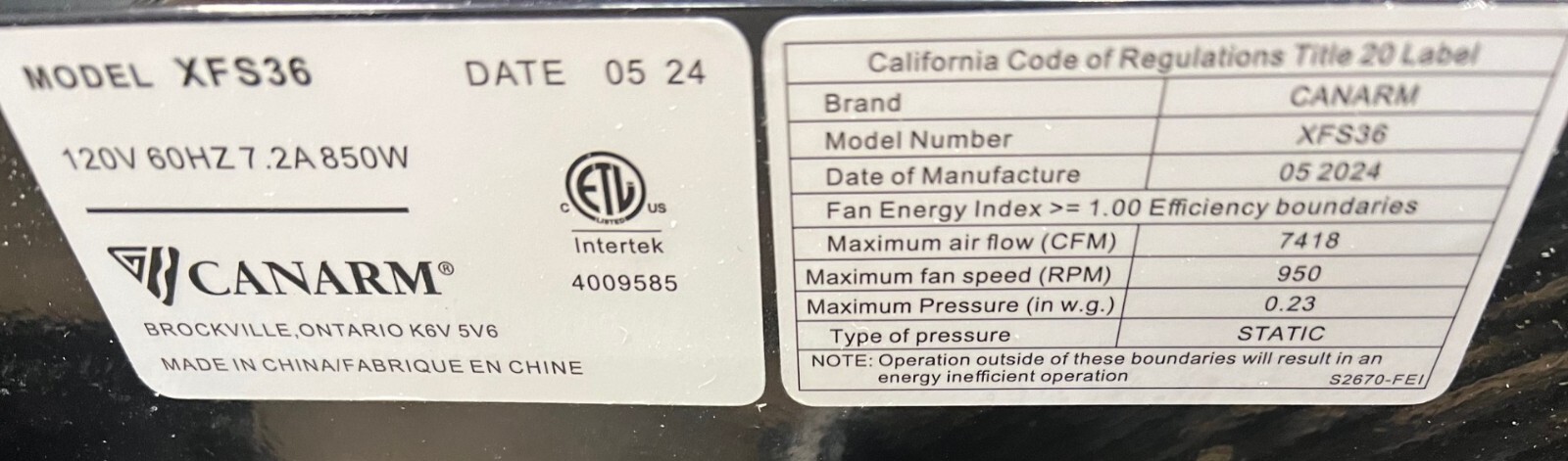CANARM XFS36 SHUTTER EXHAUST FAN, 36″ BLADE, 115V AC, 1-PHASE, 788N70, NEW!!