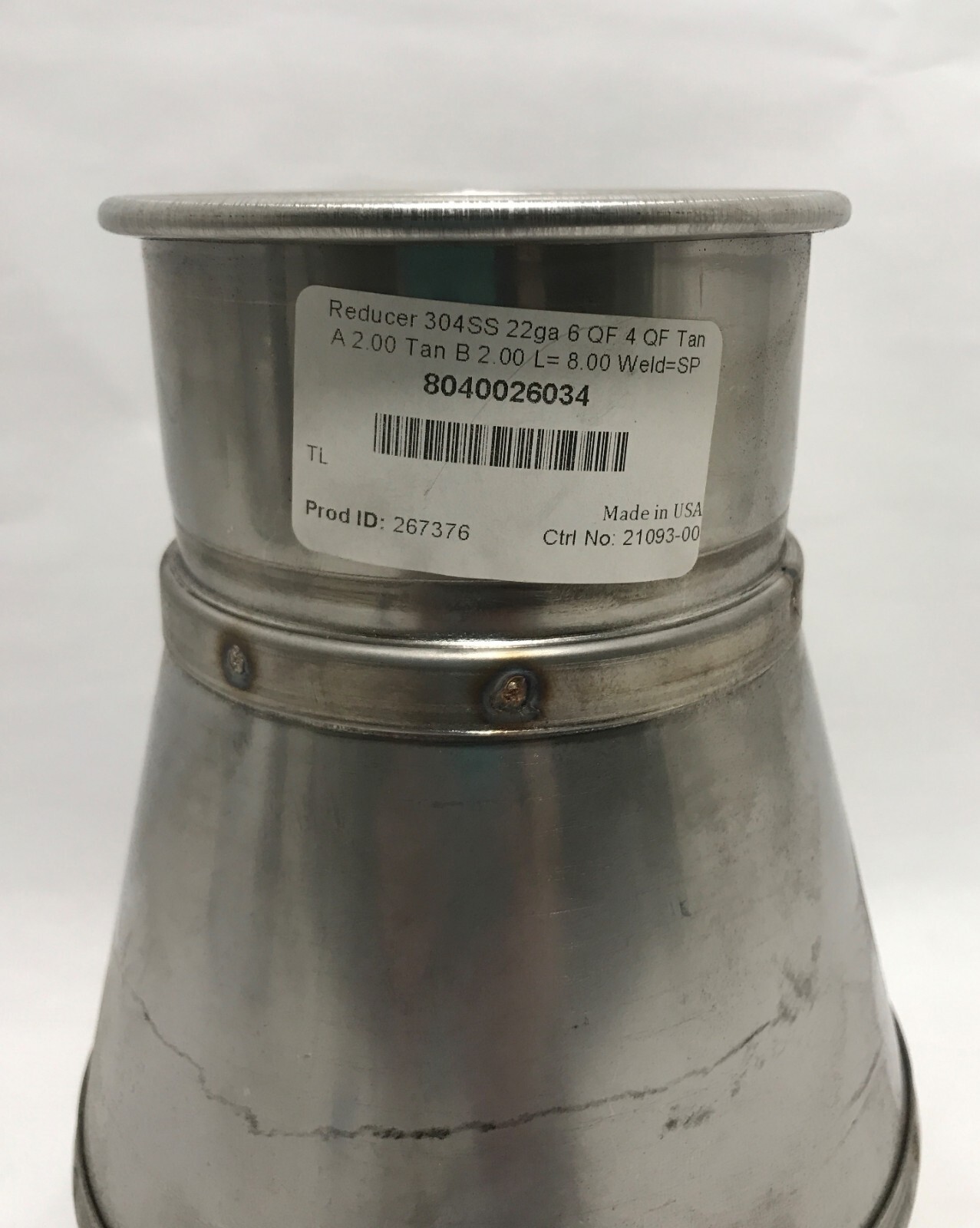 Nordfab 8040026034 Reducer Stainless Steel (304SS) 22ga 6in x 4in Duct Diameter