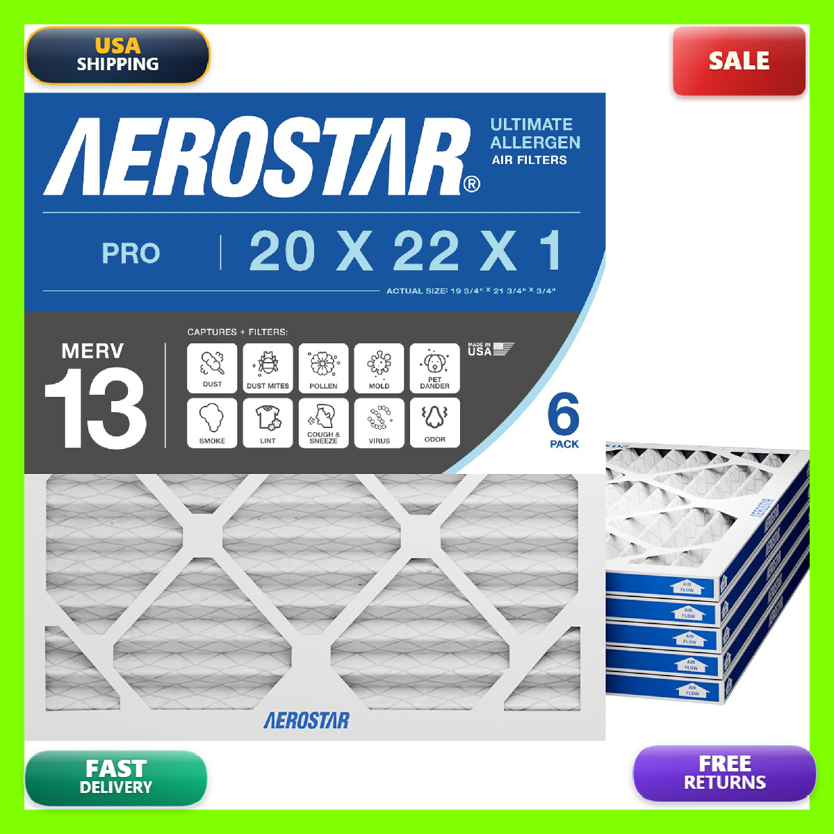 Aerostar 20X22X1 Merv 13 Air Filter 6 Count Actual Size 19.75 X 21.75 X 0.75