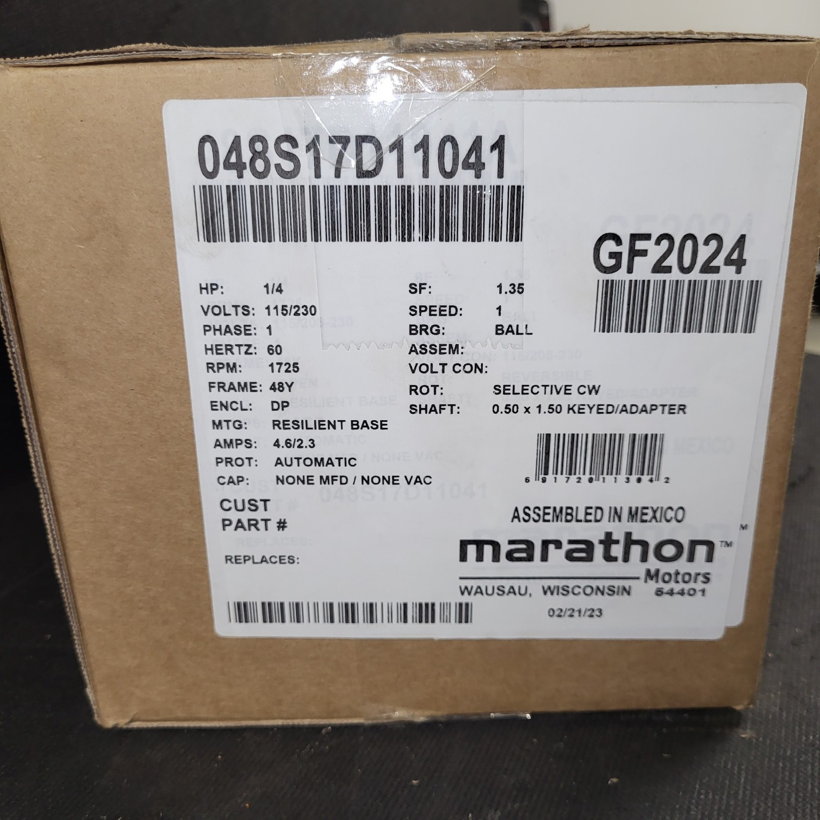 Marathon GF2024 Motor, 1/4 HP, 1725 RPM, FRAME: 48Y, 1 SP, 1PH
