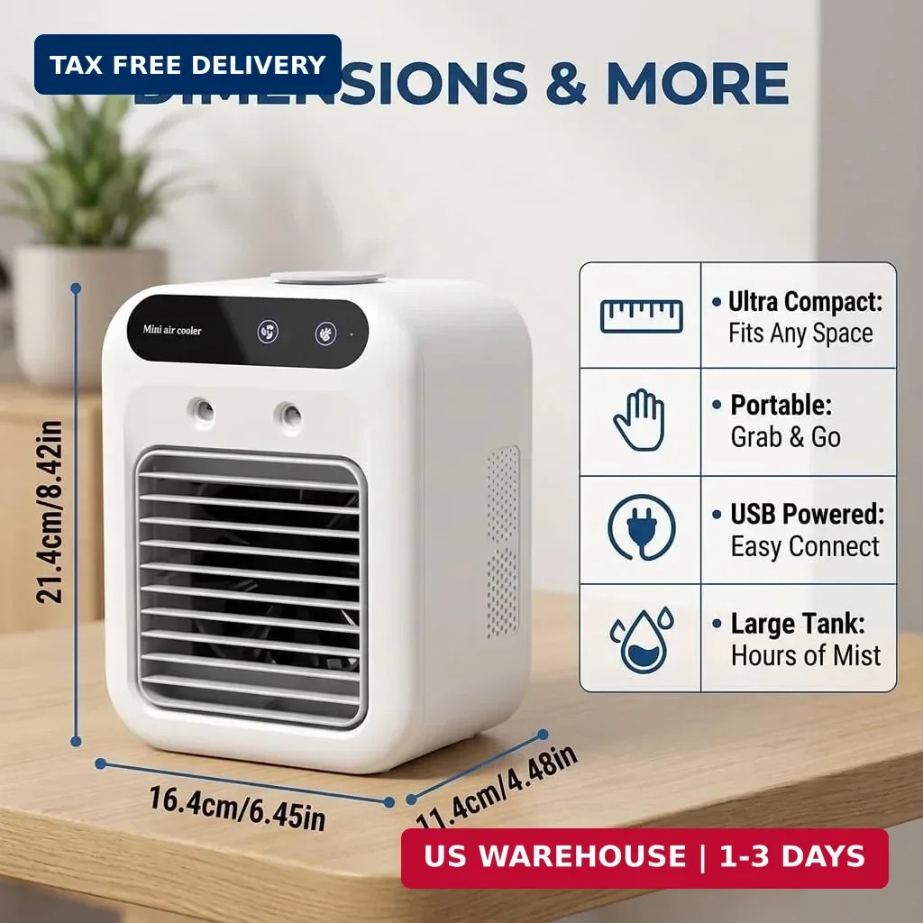 Portable Air Conditioner, Rechargeable Mini Air Cooler with Dual Mist Spray, 2 S