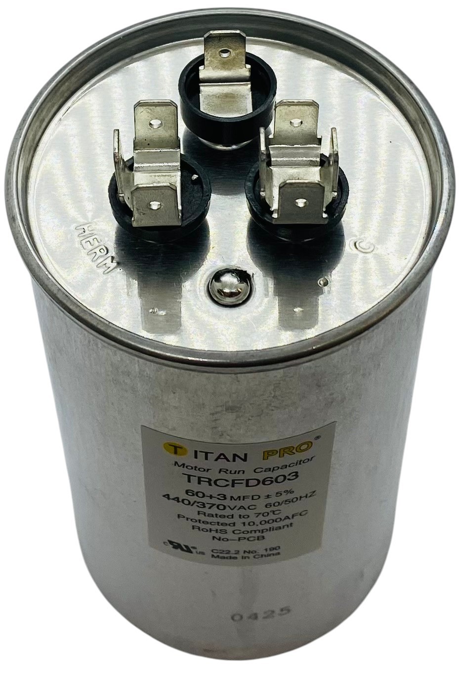 Titan Pro® Motor Run Capacitor | Round | 60 + 3 MFD | 370/440 Volt | TRCFD603