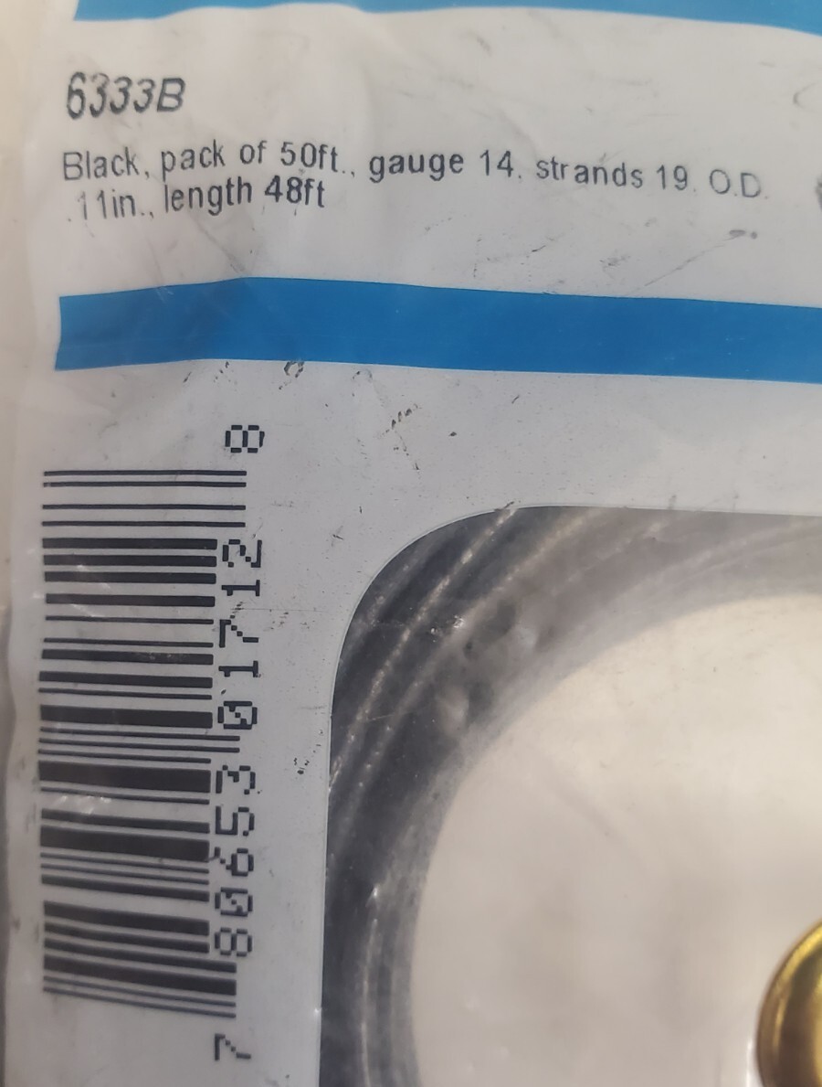 EVCO 6333B Black HVAC Wire. 50ft, gauge 14, strands 19, OD 11in, length 48ft