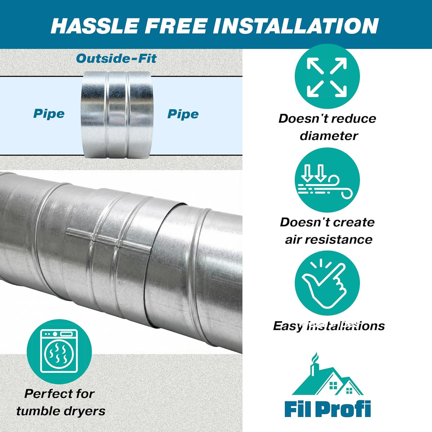 Outside-Fit. 8 Inch Diameter. round Duct Coupling Sleeve, 4″ Long, Galvanized St