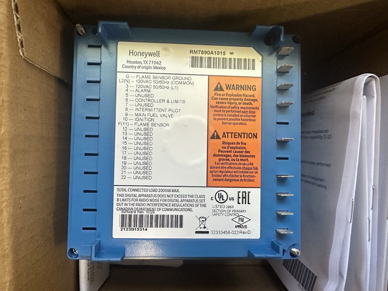 HONEYWELL – RM7890 A 1015 – ULTRAVIOLET FLAME AMPLIFIER – BURNER CONTROL