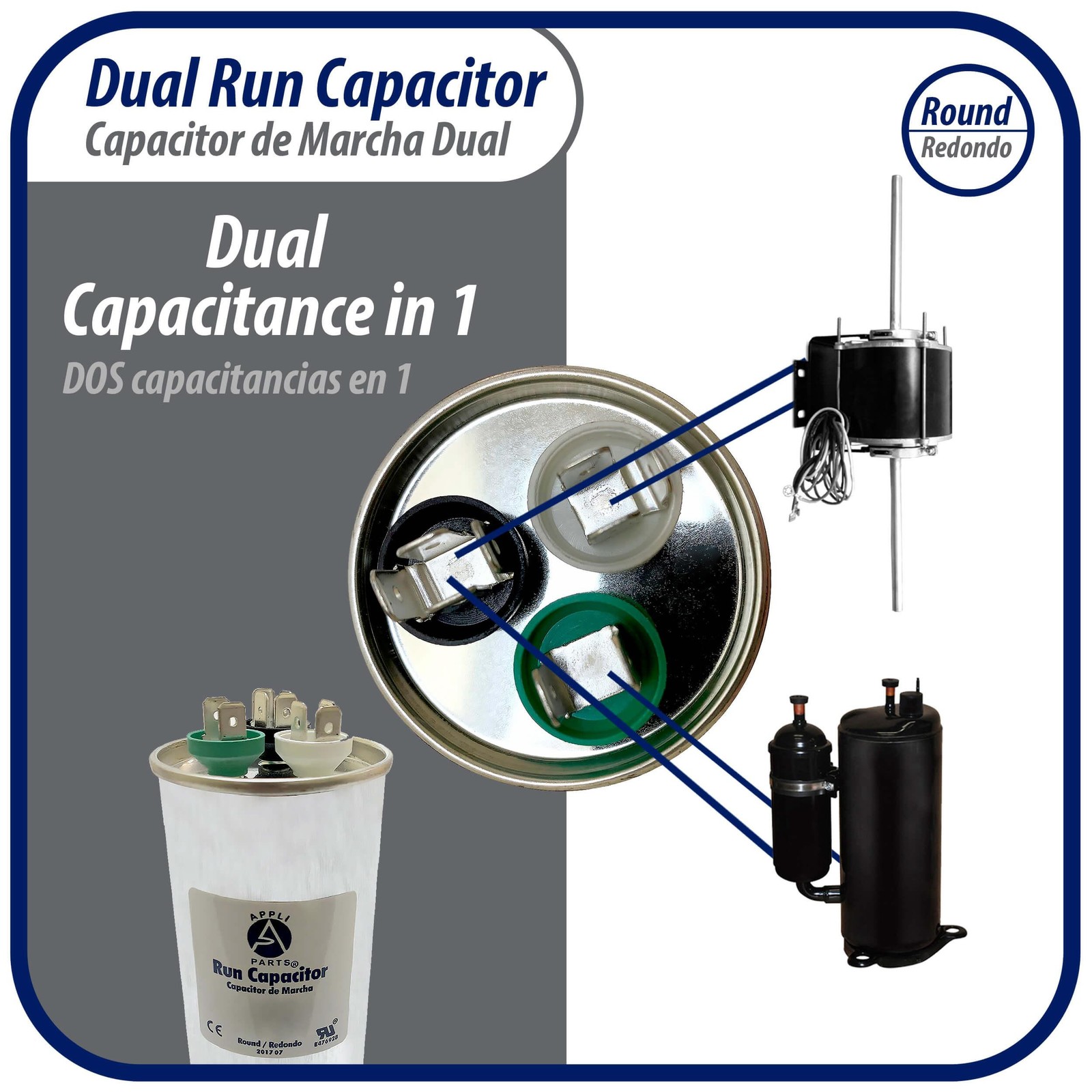 Appli Parts Dual Run Capacitor for ac 75+10 Mfd uF (microfarads) 370VAC or 450VA