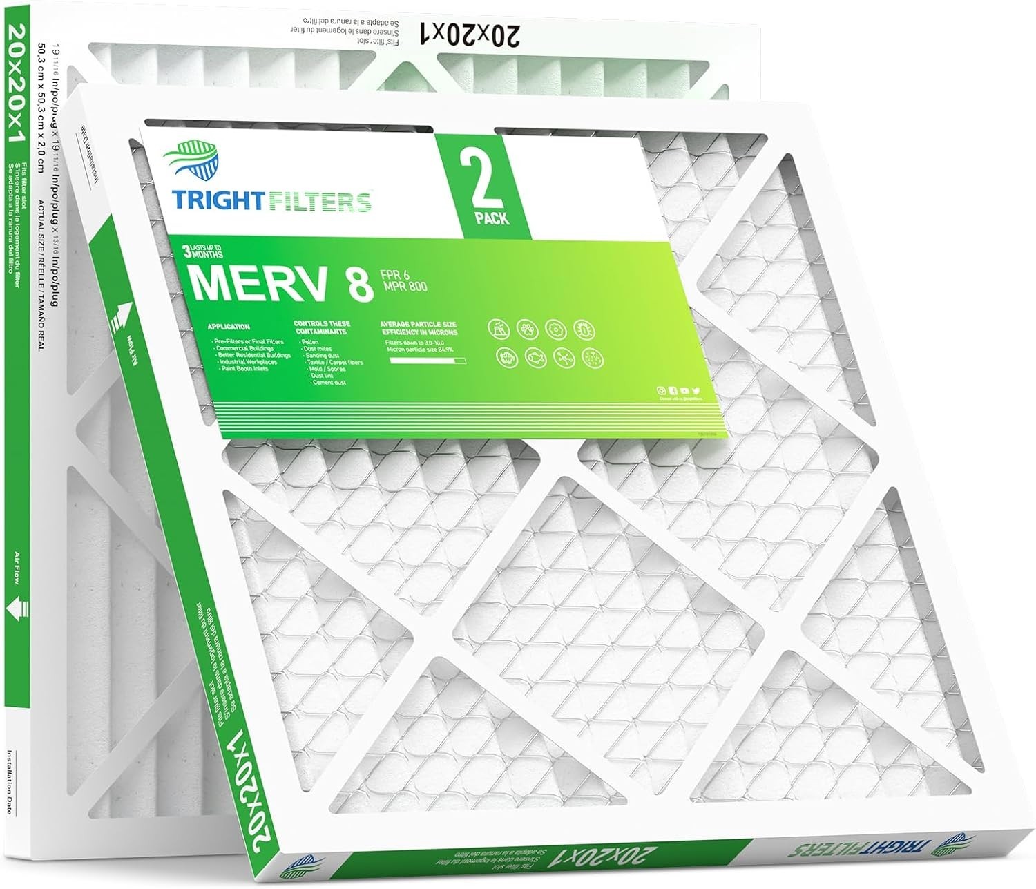 TRIGHTFILTERS 20x20x1 Air Filter 2 Pack, Durable MERV 8 Pleated Home HVAC AC Fur