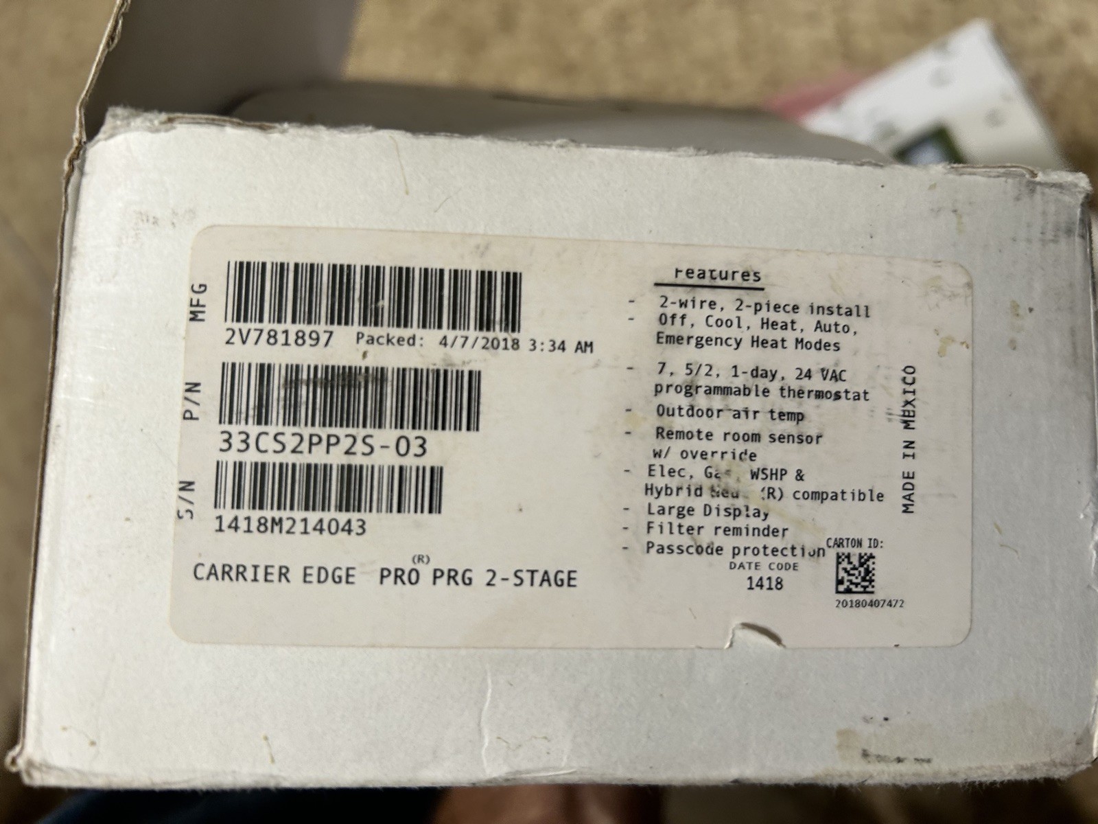 Carrier Edge Pro Prg 2-Stage Programmable Thermostat