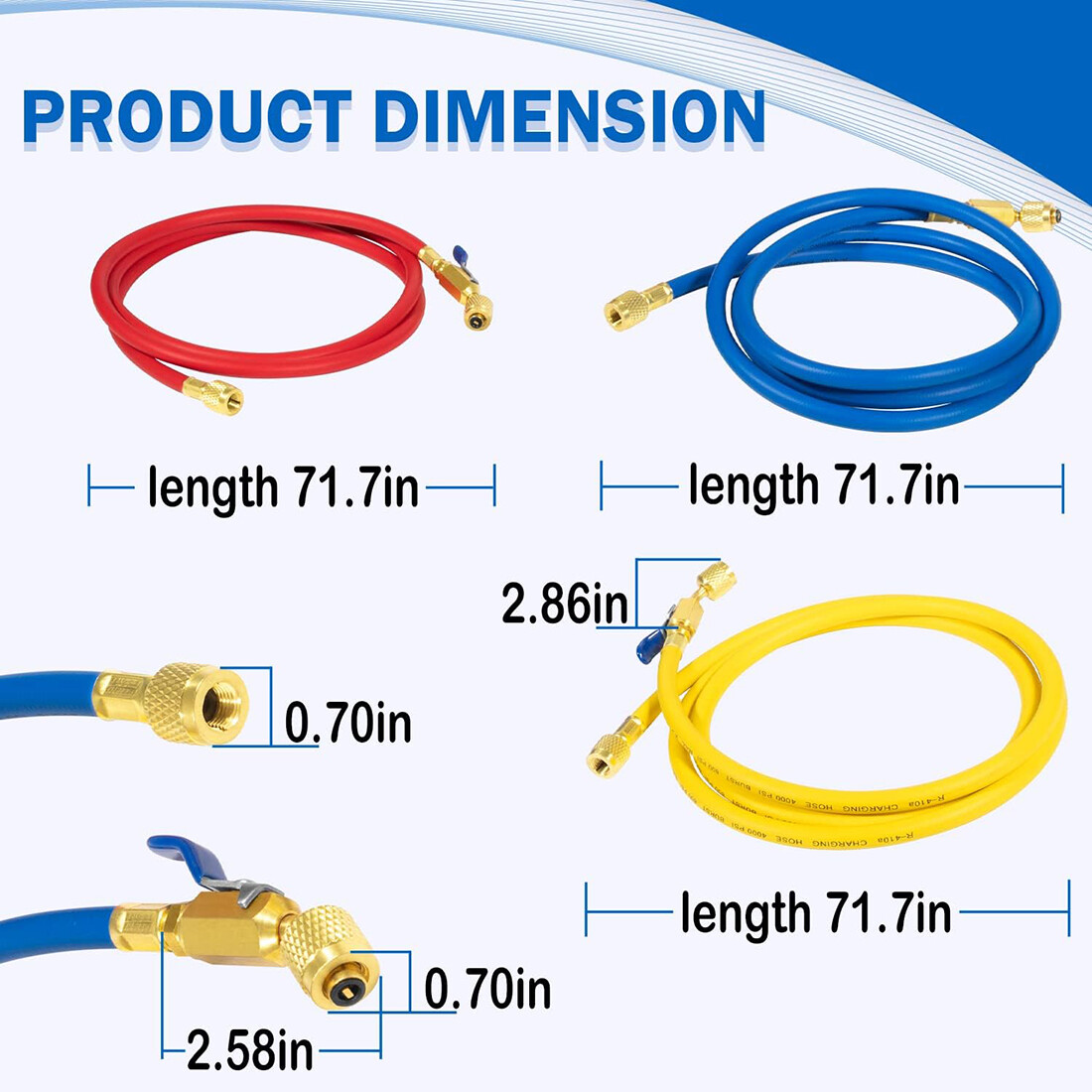 29986 Plus II 1/4″ Red Blue Yellow Charging Hose Compact Ball Valve 72″ 3 Pack