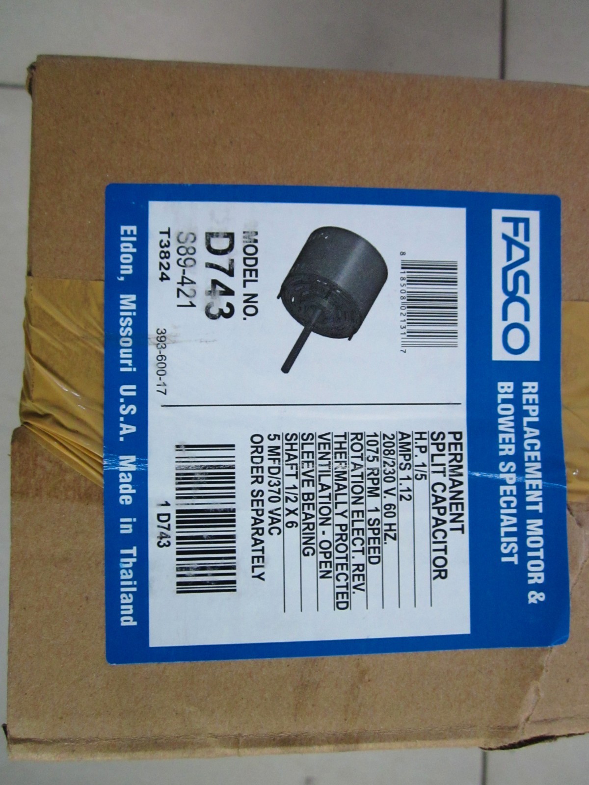 FASCO D743 CONDENSER FAN MOTOR, 1/5 HP, 1-PHASE, 208-230V AC, ODP, 49VT91, NEW!!