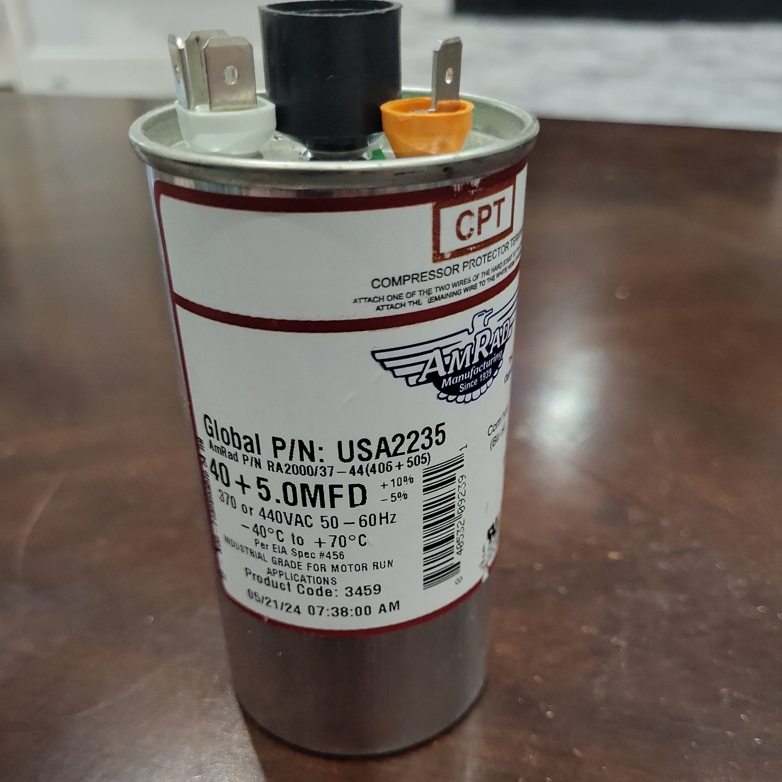 AmRad USA2235 Round Run Capacitor 40+5 uF MFD 370 / 440 Volt Made in USA