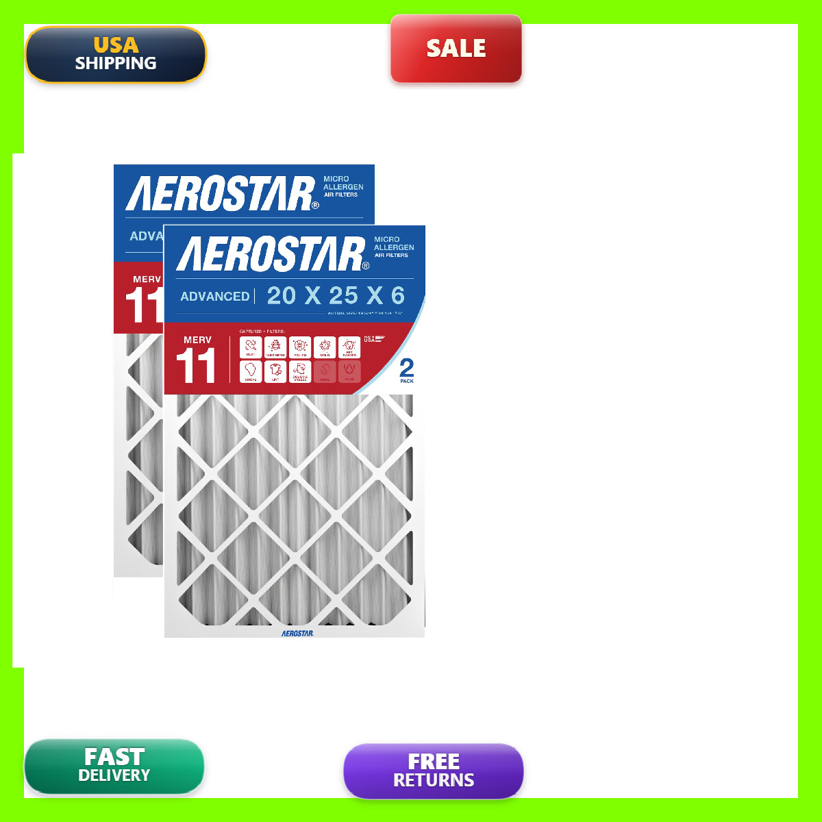 Aerostar 20X25X6 Merv 11 Air Filter 2 Count Actual Size 19.75 X 24.25 X 6.00