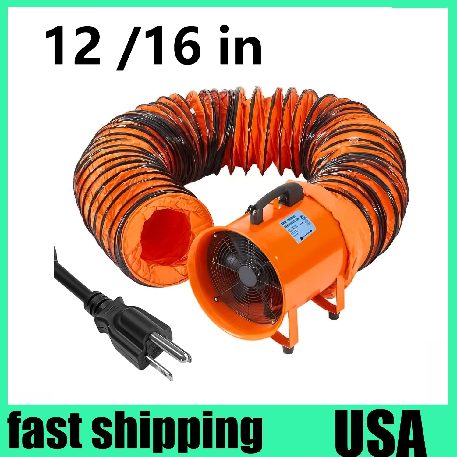 12″/16″ Utility Blower Fan Ventilator Exhaust Fan 16.4/32.8ft Duct Hose 3500 CFM