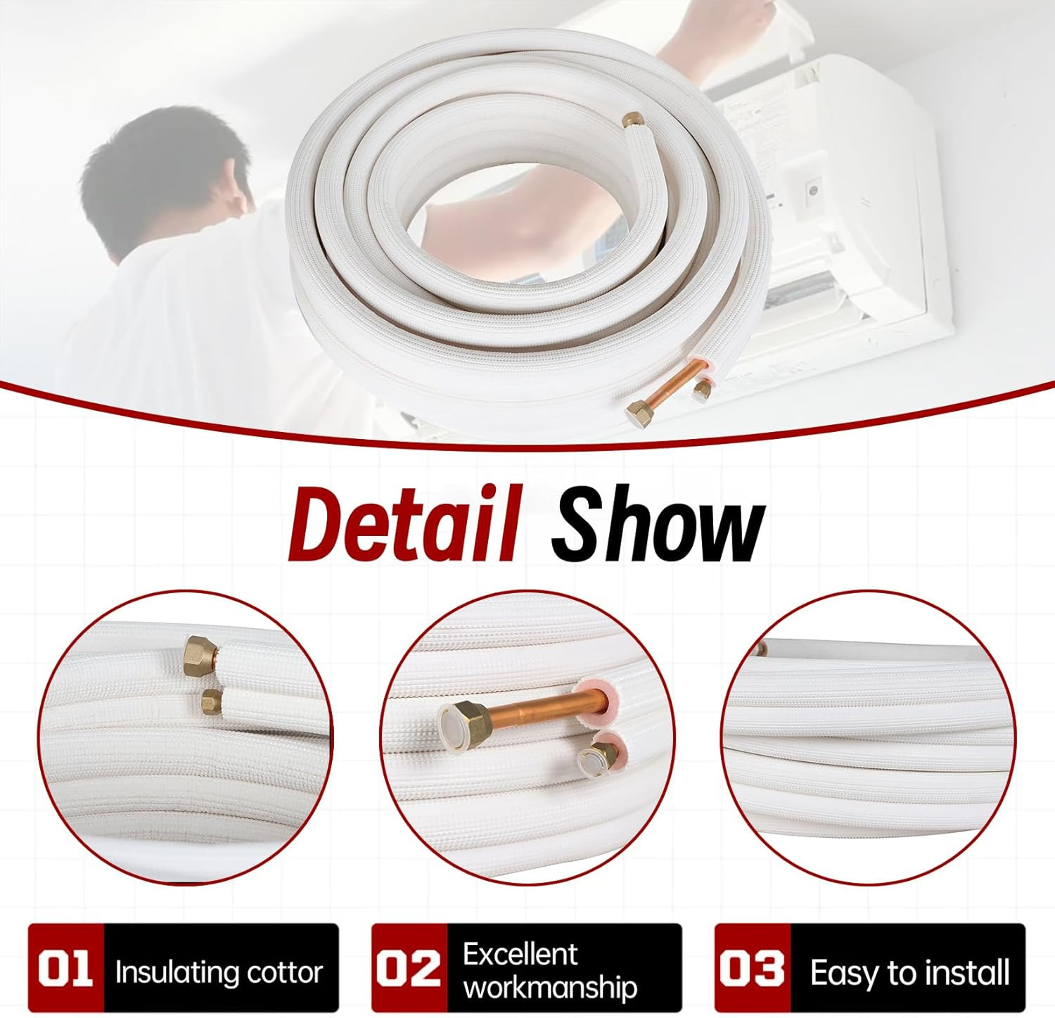 50FT Insulated Copper Hose for Mini Split AC – 1/4 & 3/8 Inch Extension Kit
