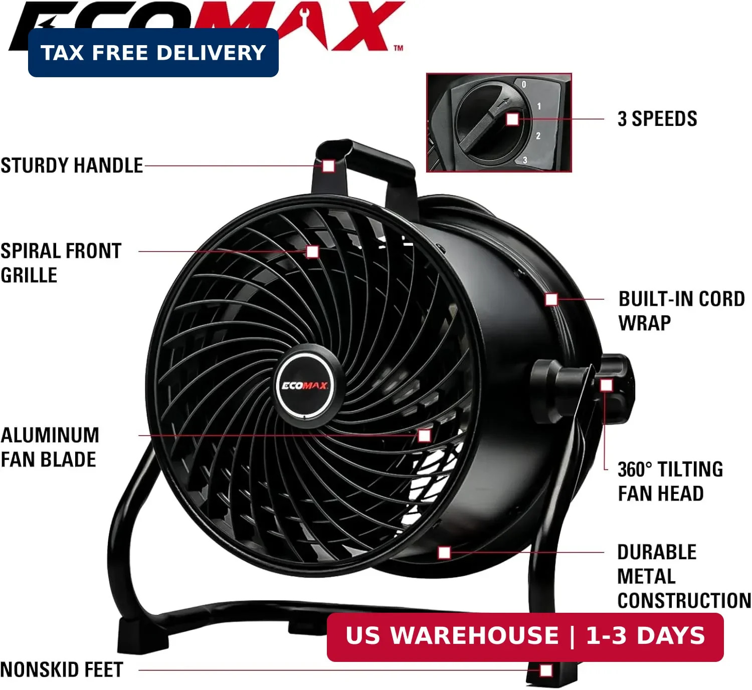 ECOMAX 10-Inch Drum Fan, 900CFM 3-Speed Industrial Floor Fan with 360° Tilt Head