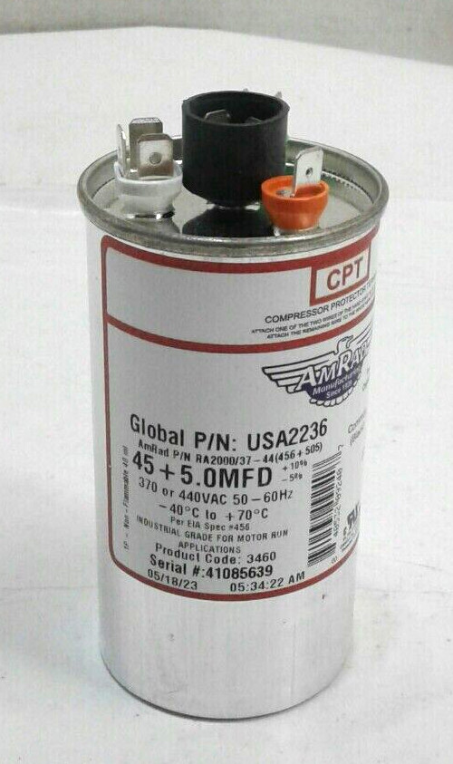 AmRad USA2236 CPT Round Motor Run Capacitor 45+5 MFD 370 or 440VAC 50-60Hz