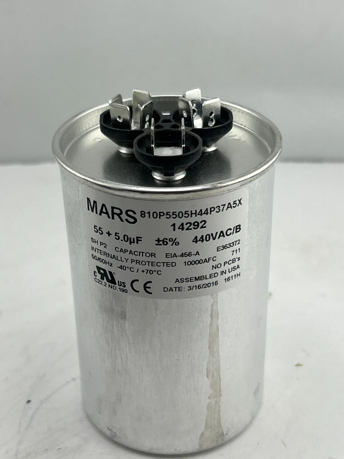 Mars Round Motor Run Capacitor 14292 | 55/5 MFD 440/370 VAC Aluminum USA