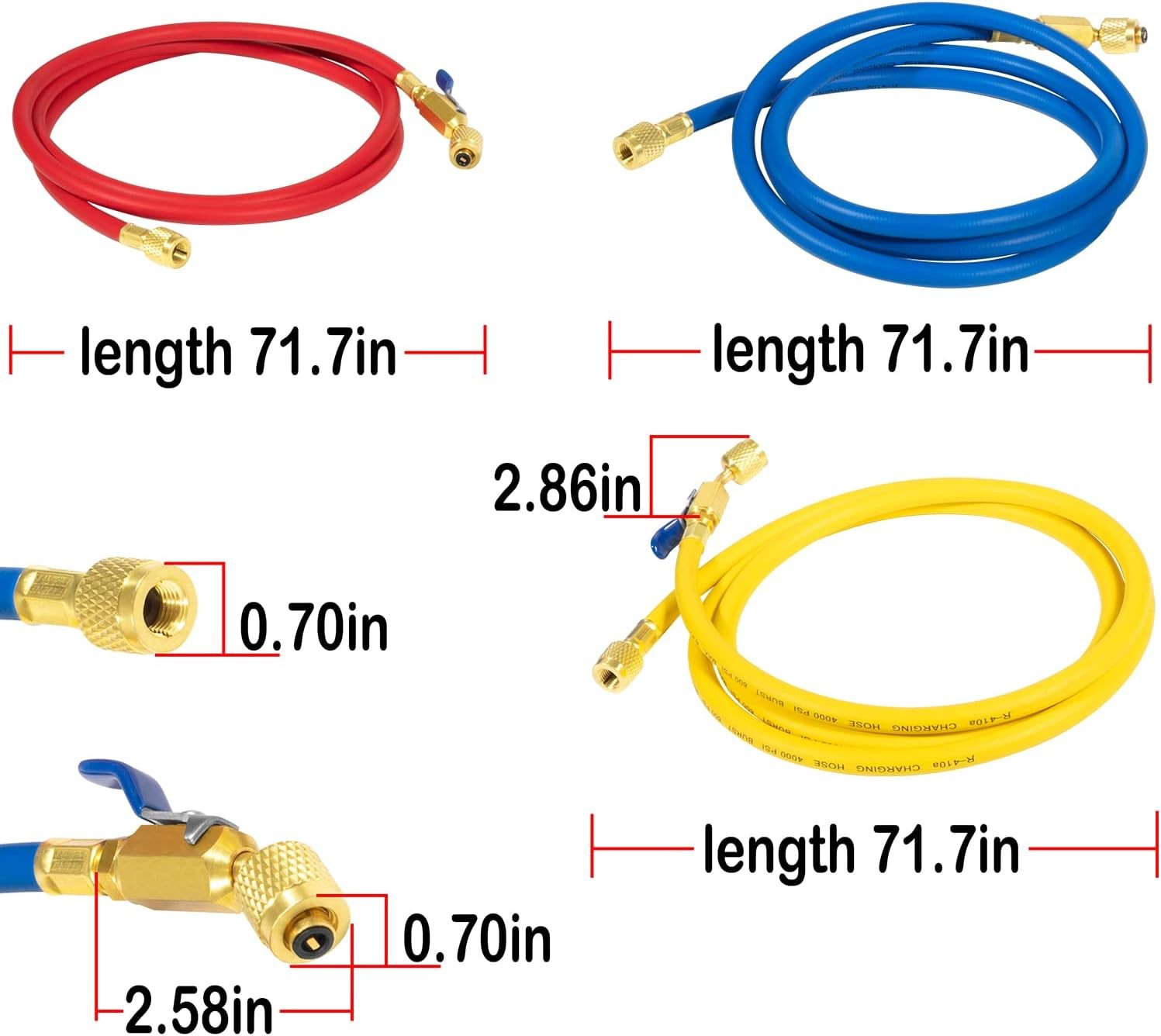29986 Plus II 72″ Hose 1/4″ Compact Ball Valve End Refrigerant Charging Hose 3PC