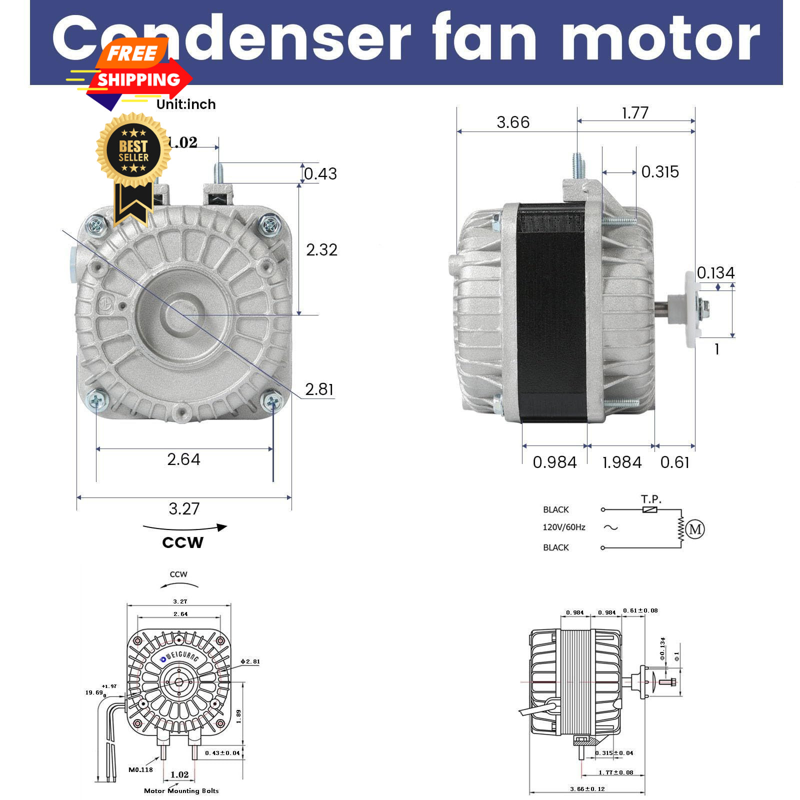 Condenser Fan AC Motor YZF10-20,Input Power 55W Output 10W Shaded Pole…