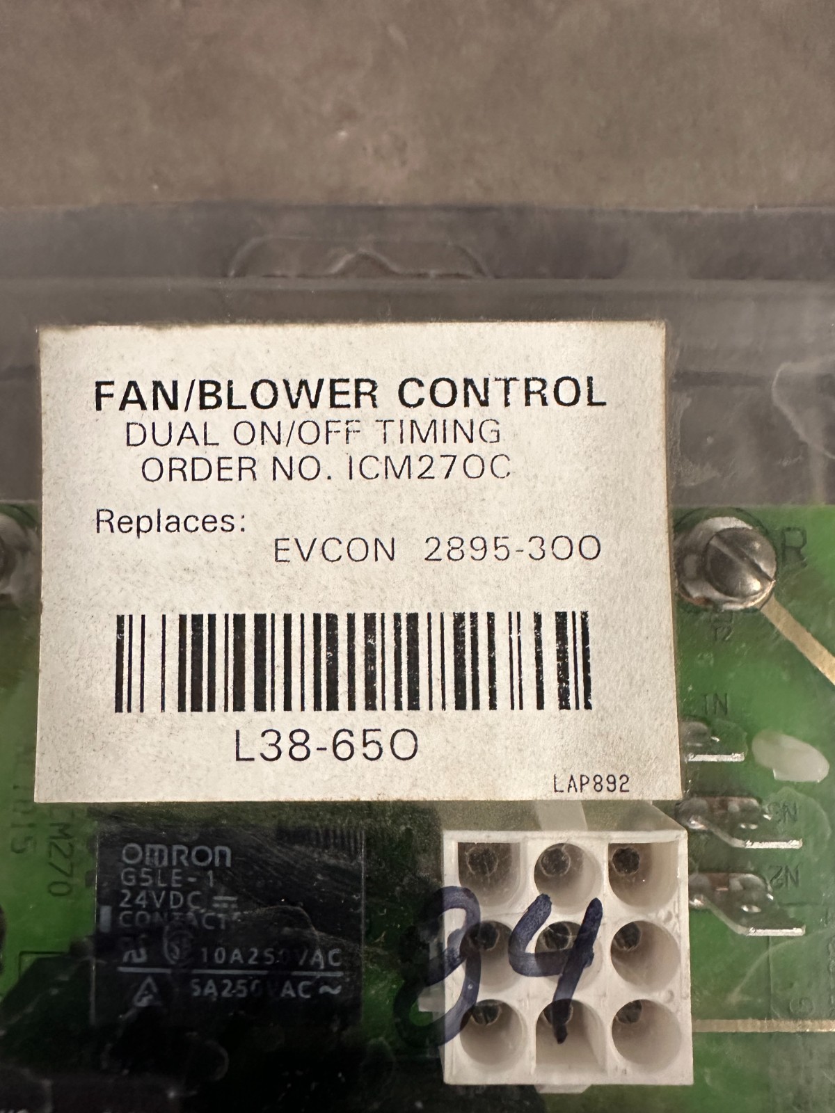 ICM AC1015 , EVCON 270C, Furnace Control Circuit Board, Evcon 2895-300, L38-650.