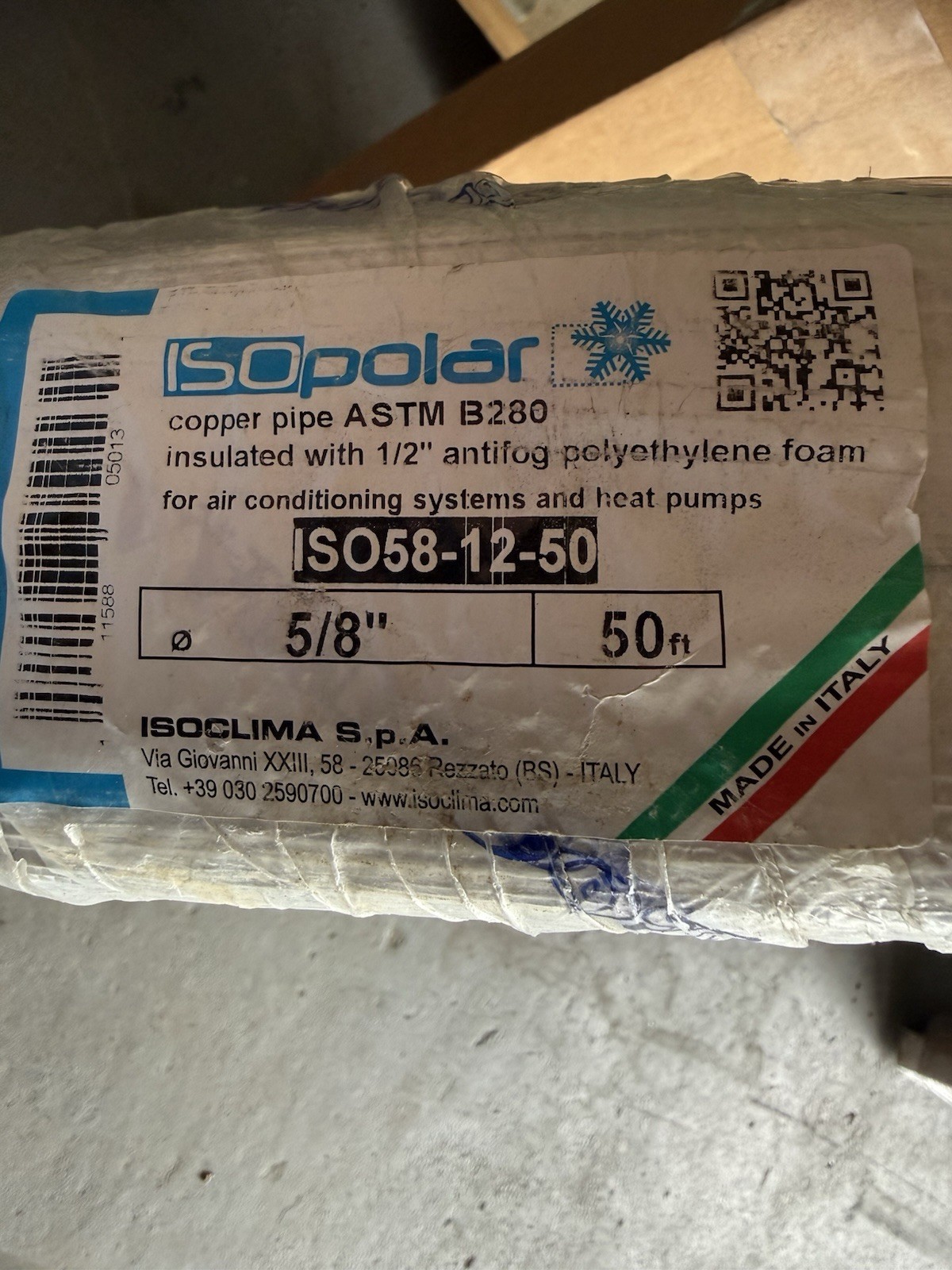 New 5/8” Line Set 1/2” Insulation Copper 5/8” 50’ Isopolar Italy ISO58-12-50