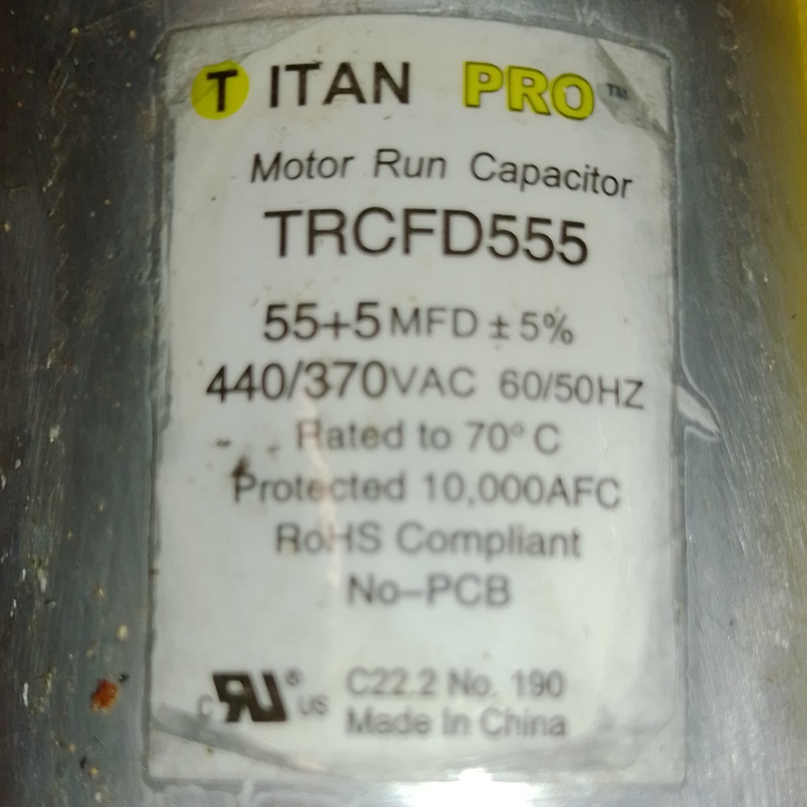 Titan Pro TRCFD555 Motor Run Capacitor 55+5 MFD 440/370VAC 10,000 AFC