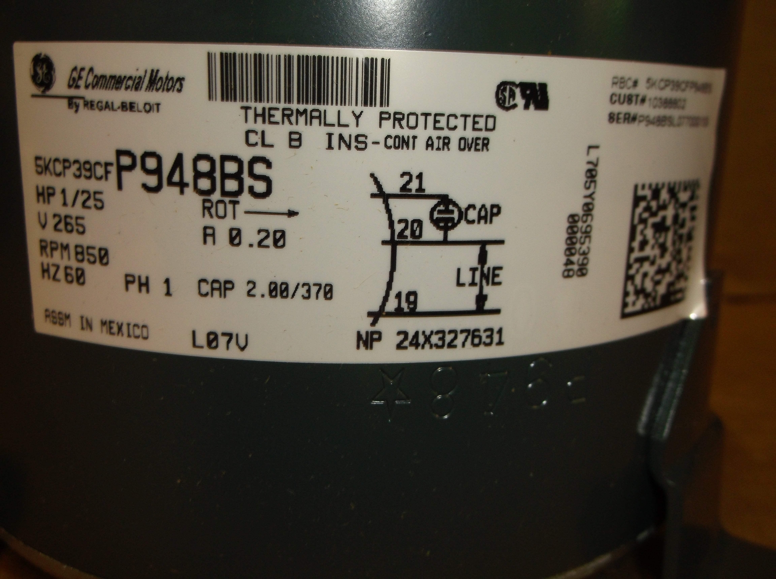 GE 10388802 1/25 HP Condenser Fan Motor 265/60/1 RPM:850/1-Speed (200679)