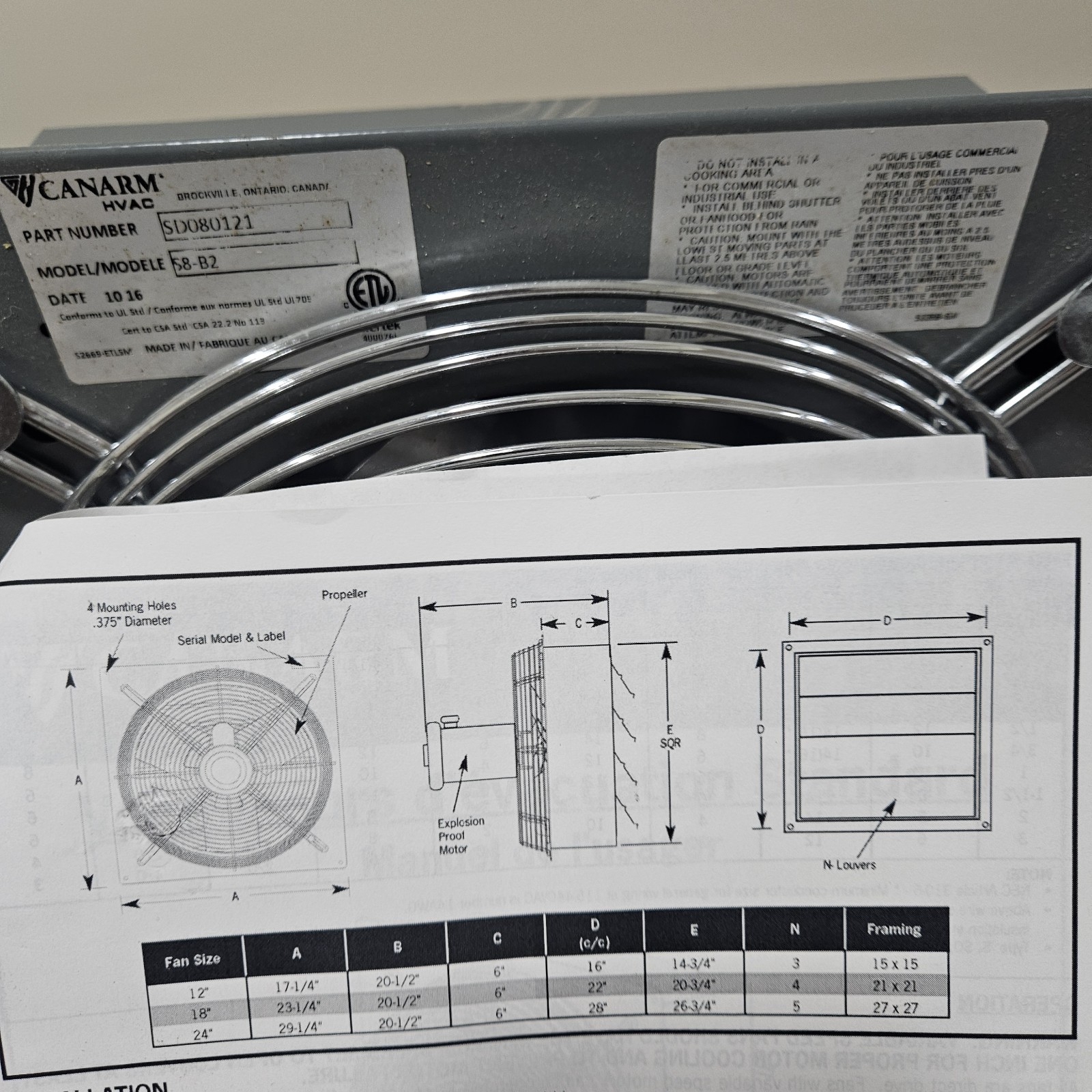 Attic fan/whole house Canarm S8-B2 115V 1A 1000-1999 CFM Explosion Proof Gray