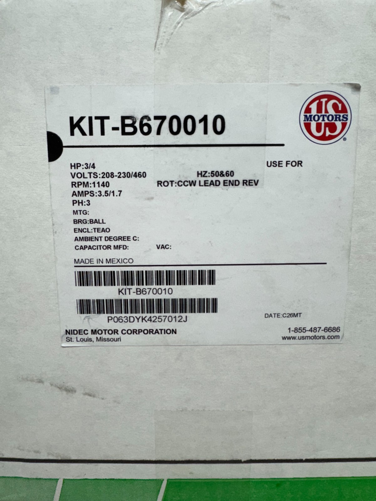 Liebert KIT-B670010 B67-0010 3/4 HP 208-230/460V 3-Phase Condenser Fan Motor