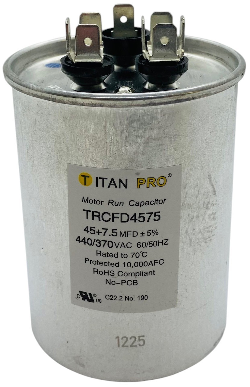 Titan Pro® Motor Run Capacitor | Round | 45 + 7.5 MFD | 370/440 Volt | TRCFD4575