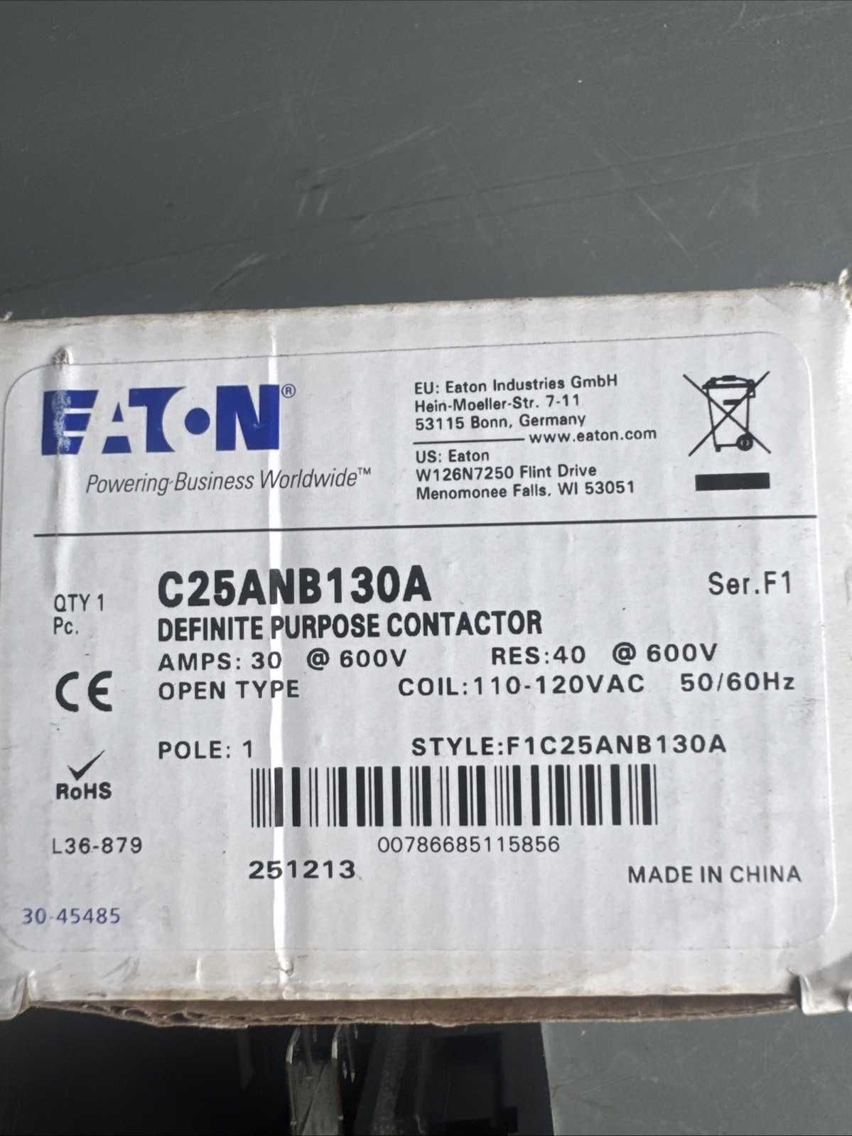 C25ANB130A Eaton / Cutler Hammer Contactor – 30 Amp / 1 Pole / 110/120V Coil