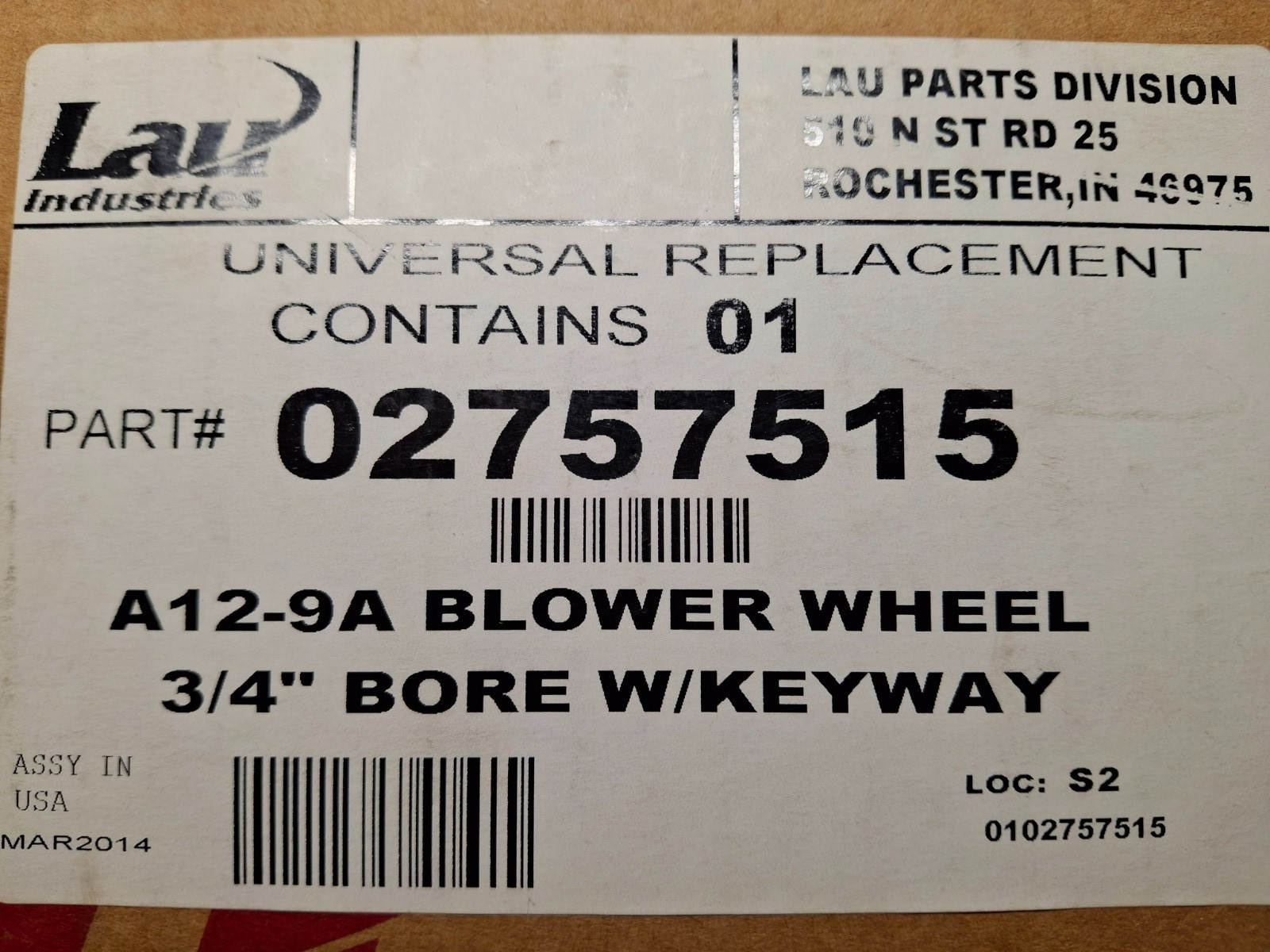 Lau Industries #02757515 Double Inlet Blower Wheel 12″x9″ 3/4″ Bore w/ Keyway